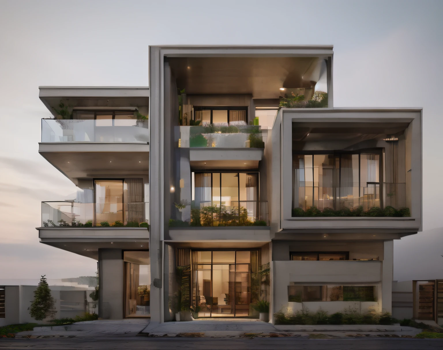 a rendering of a modern house with a balcony and balconies, all white render, front elevation view, exterior design, concept house, contemporary house, elevation view, realistic concept, frontview, 3d rendering, 3 d rendering, 3/4 view from below, high quality rendering, conceptual rendering, 3/4 view realistic, inter dimensional villa, detailed rendering