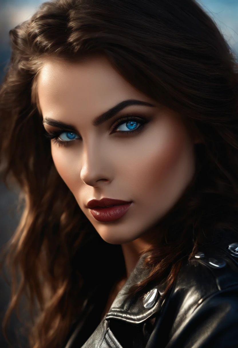 (best quality,realistic:1.37),sexy,dark hair,blue eyes,leather jacket,1girl,beautiful detailed eyes,beautiful detailed lips,vivid colors,dramatic lighting,topless