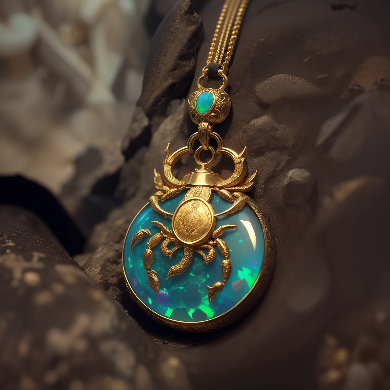 (Close-up of a round pendant), (The golden round coin is carved with a scorpion engraved in half,Half is blue-green gravel opal),
Exquisite details, Dark background,close up photograph,Photography,Photorealism,surrealism, handicraft,Bejeweled,Inlay,,Scorpio, ♏︎,High detail,hyper qualit,high resolution,8K micro view,mid closeup,gentle illumination, --AR 3:4 - Style original
