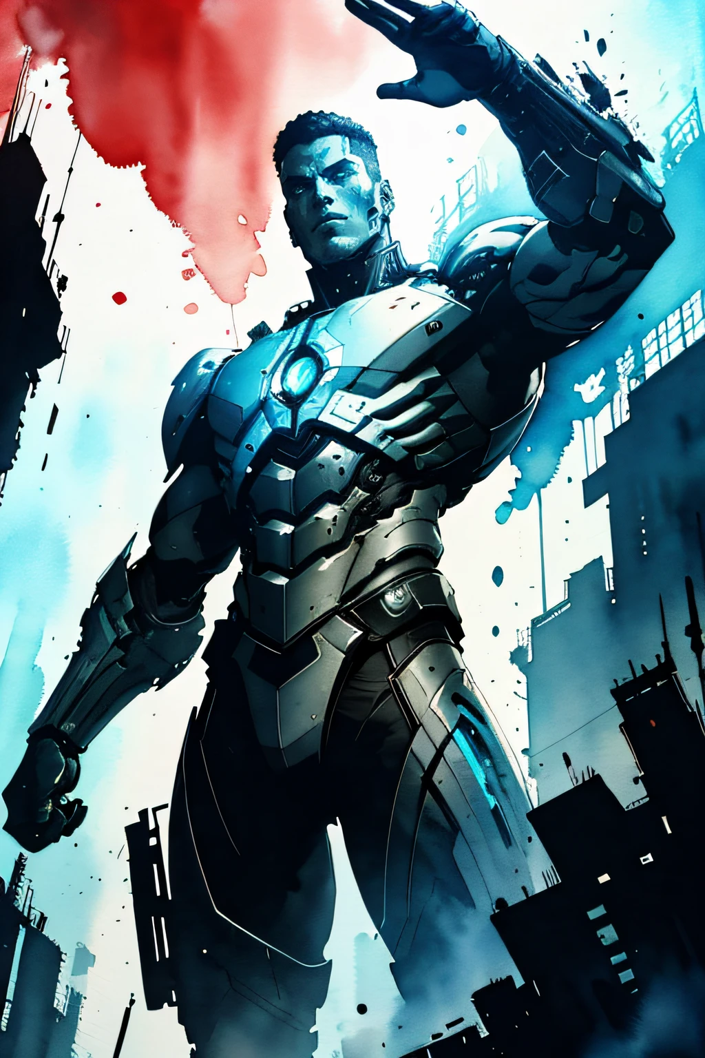 Cyborg, skin black, looking at viewer, high-tech clothes, standing pose, from below, fantasy, high contrast, ink strokes, explosions, over exposure, impression , abstract, ((watercolor painting by John Berkey and Jeremy Mann)), brush strokes, negative space, good anatomy, good proportions, good architecture, realistic:1.25, cantered, high detail, high resolution, 8k, stunning, mascular body, Style-Hamunaptra:0.4,