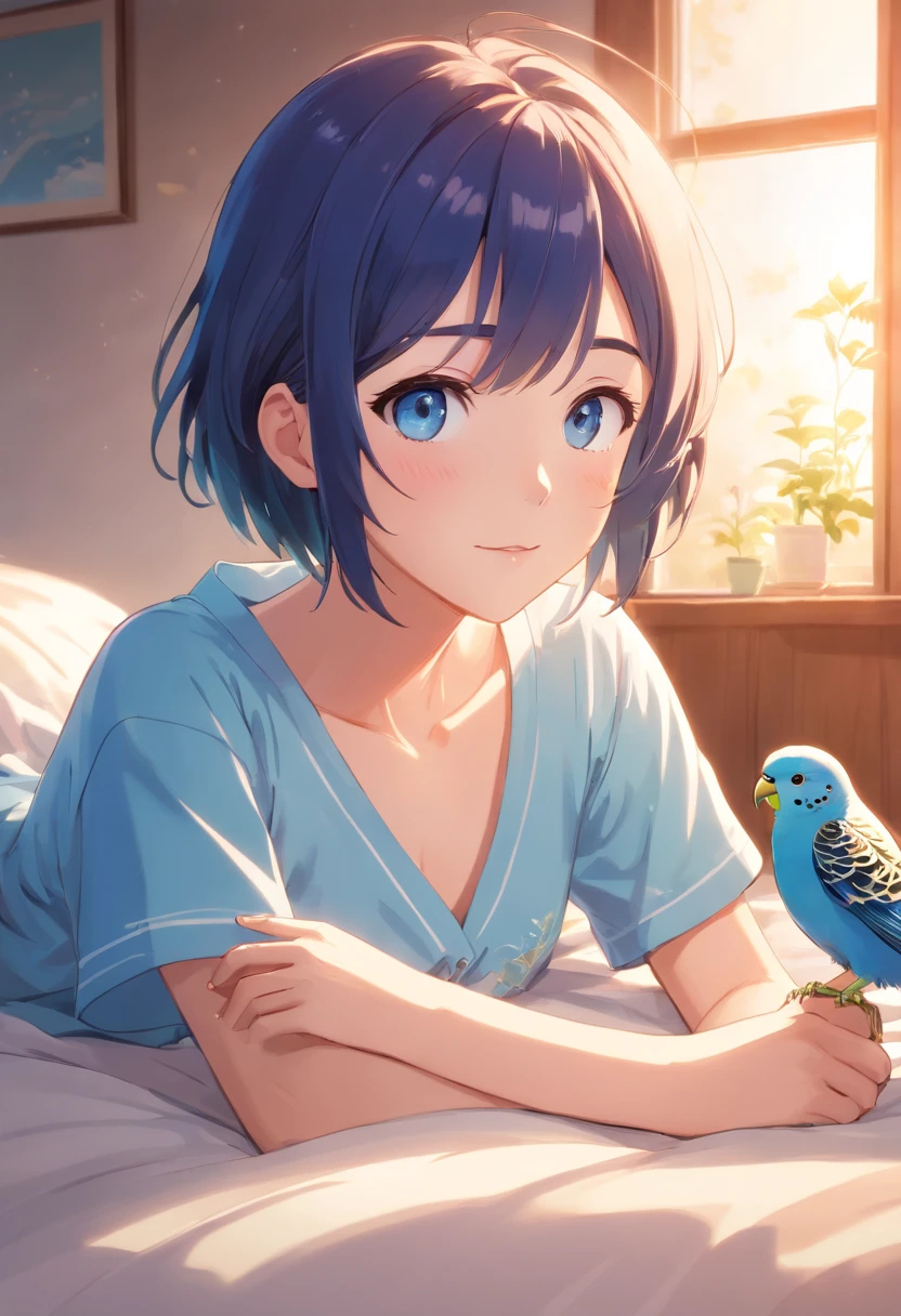 Best quality,4K,8K,A high resolution,masutepiece:1.2),Ultra-detailed, in a house、Sleeping on the Bed、Early morning sun exposure and place to wake up、A gentle smile stares at the budgie,Only a little fluttering button pajamas、Budgies singing and waking up、With a beautiful song、Beautiful,Beautiful detailed eyes,Blue budgie,soft blue eyes,sportrait,Subtle tones,Soft lighting