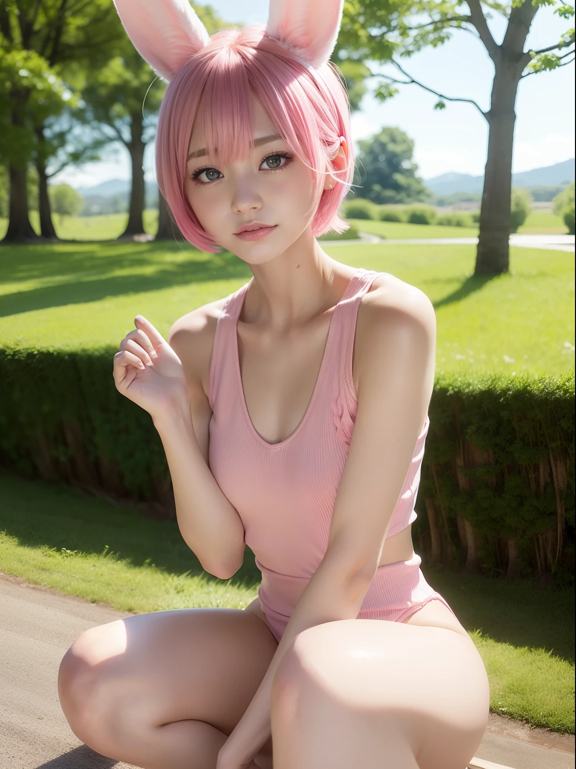 Pink short cut hair，(8K, top-quality, ​masterpiece:1.2), (realisitic, Photorealsitic:1.37), ultra-detailliert, 1 girl in, full body Esbian, camp，Mountain at night、bonfire、Alpha Layer、cute little、独奏、Beautiful detailed sky、(A smile:1.15)、(Eyes closed)、tiny chest、Eyes in Beautiful Details、small tits、（short-hair：1.2）、Floating Hair NovaFrogStyle、masuter piece、Pink Shortcut Bob、Realistic rabbit ears、Pink realistic rabbit ears、Realistic ears of rabbits sticking out of the head、Pink hair、Beautiful girl in her 20s、Bewitching atmosphere、Beautiful shaped hands、K-POP、Pink rabbit ears、1 girl in、独奏、​masterpiece、top-quality、realisitic、Hyper-detailing、(Glossy skin:1.4)、absurderes、short pink hair、Slender beauties、动态照明、hight resolution、foco nítido、depth of fields、(thick thight:1.0)、A slender :1.2，((Short-cut bob hair))、((k pop:1.3))，Highly detailed facial and skin texture、((魅惑的))，Anatomically correct number of fingers，Correct anatomy