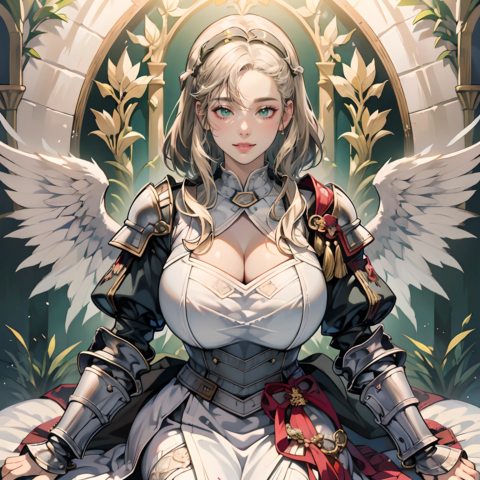 Women in Their 20s、angelicales、Angel Soldier、large white wings on the back、fantasy worlds、offcial art, unity 8k wall paper, ultra-detailliert, beautifly、Aesthetic, masterpiece, top-quality, Photorealsitic、detailed costume、depth of fields, Fantastic atmosphere, Calm palette, tranquil mood, Soft shading、Round face、plump figure、very large breast、Happy smile、Staring at this、Paladin、Woman knight、Dull silver armor、Blue-green eyes、platinum-blonde、Has a very large sword and shield:1.0、Big sword:2.0、in woods、short-cut、length hair、White fabric、dynamicposes、Green Plains、You can see the forest in the distance、You can see the castle on the top of the mountain、Beautiful natural scenery、Majestic scenery