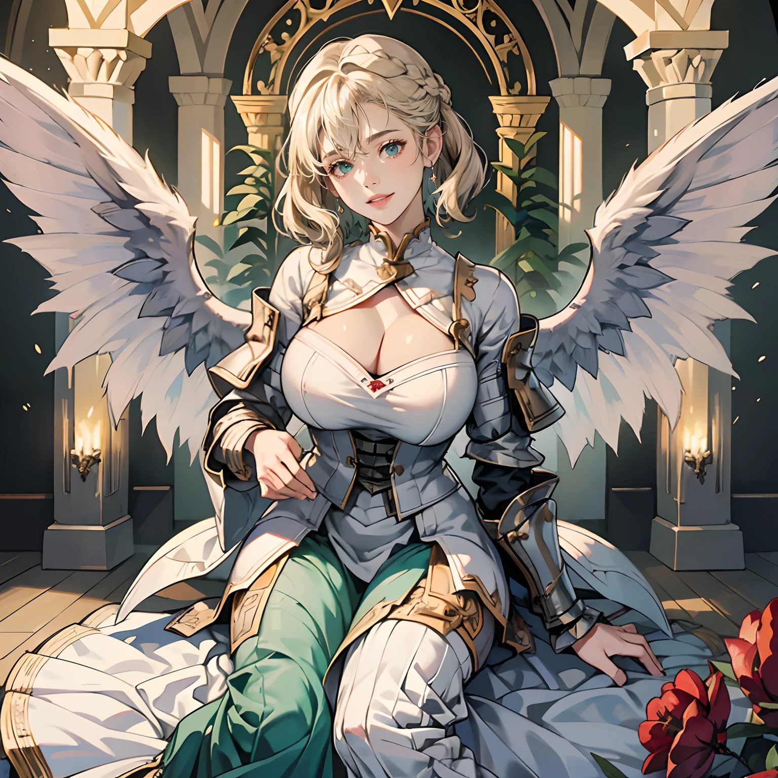 Women in Their 20s、angelicales、Angel Soldier、large white wings on the back、fantasy worlds、offcial art, unity 8k wall paper, ultra-detailliert, beautifly、Aesthetic, masterpiece, top-quality, Photorealsitic、detailed costume、depth of fields, Fantastic atmosphere, Calm palette, tranquil mood, Soft shading、Round face、plump figure、very large breast、Happy smile、Staring at this、Paladin、Woman knight、Dull silver armor、Blue-green eyes、platinum-blonde、Has a very large sword and shield:1.0、Big sword:2.0、in woods、short-cut、length hair、White fabric、dynamicposes、Green Plains、You can see the forest in the distance、You can see the castle on the top of the mountain、Beautiful natural scenery、Majestic scenery