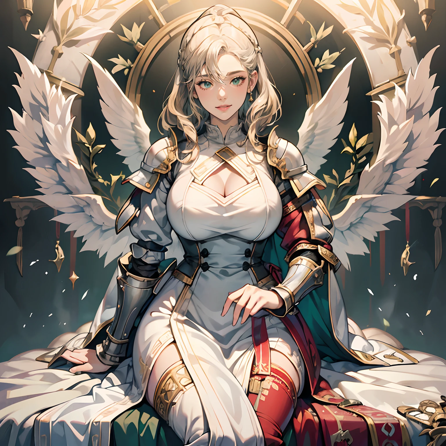Women in Their 20s、angelicales、Angel Soldier、large white wings on the back、fantasy worlds、offcial art, unity 8k wall paper, ultra-detailliert, beautifly、Aesthetic, masterpiece, top-quality, Photorealsitic、detailed costume、depth of fields, Fantastic atmosphere, Calm palette, tranquil mood, Soft shading、Round face、plump figure、very large breast、Happy smile、Staring at this、Paladin、Woman knight、Dull silver armor、Blue-green eyes、platinum-blonde、Has a very large sword and shield:1.0、Big sword:2.0、in woods、short-cut、length hair、White fabric、dynamicposes、Green Plains、You can see the forest in the distance、You can see the castle on the top of the mountain、Beautiful natural scenery、Majestic scenery