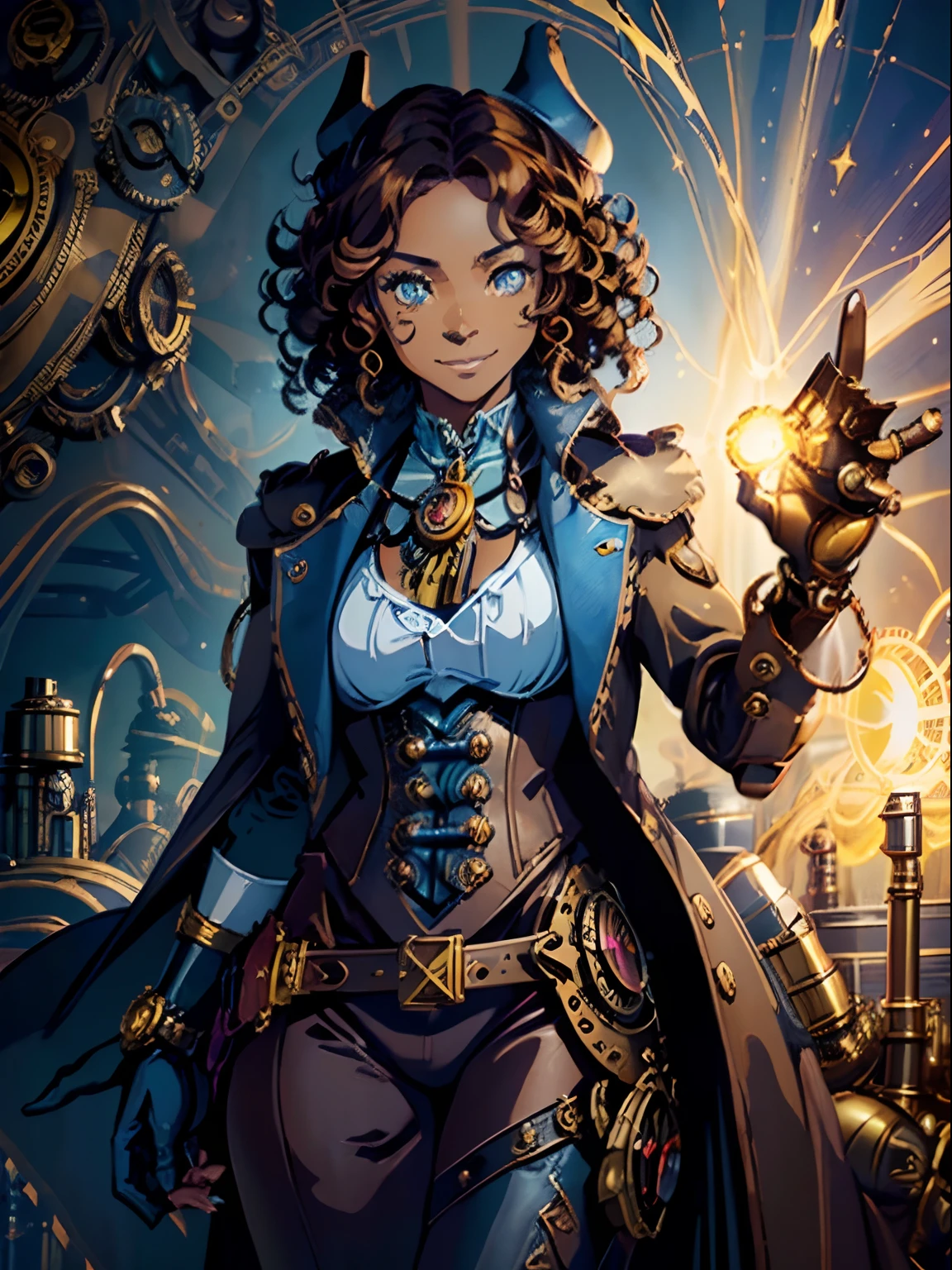 ((One woman around 40 years old, dark skin)),((with magic aura around her)), brown hair, yellow pupils, ((curly hair)),((fantasy rich blue wizard outfit)), (cunny smile), (((Only one steampunk arm cannon))