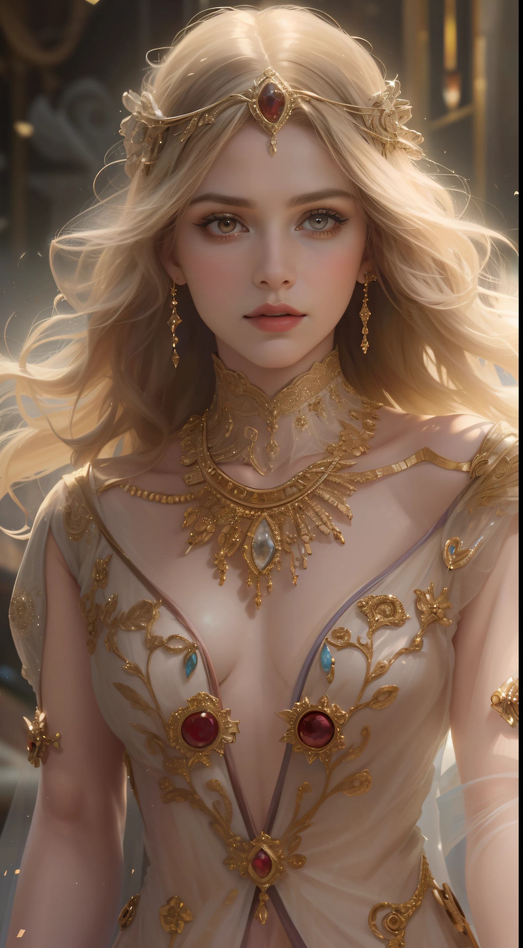 (best quality,8k,A high resolution,master part:1.2),ultra-detalhado,(Realistic,fotorrealista,photo-realistic:1.37),retrato,Arte de estilo criativo,Historical,classical,sofisticado,infinidade de cores,altamente detalhado,soft lighting,ambiente luxuoso,vestido detalhado,flores vibrantes,joias detalhadas,ethereal atmosphere,pose elegante,curvas graciosas,Gold Body Proportions，flowing hair,Breathtaking textile patterns,Rough red eyes,Delicate floral decoration,A dazzling array of crystal accessories,Atmosfera misteriosa e sonhadora,impeccable attention to detail.