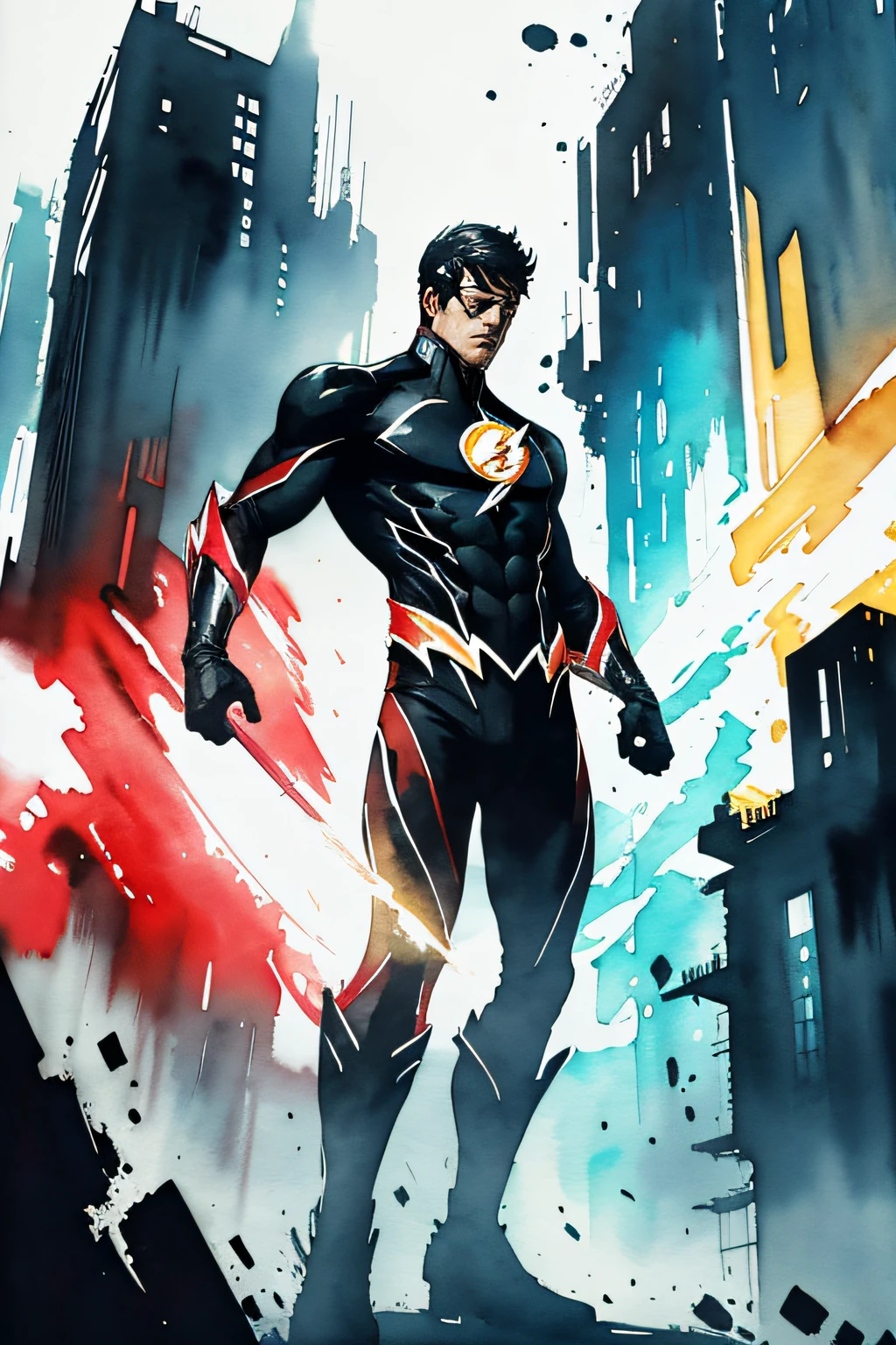 The Flash, closed mouth, looking at viewer, high-tech clothes, standing pose, from below, fantasy, high contrast, ink strokes, explosions, over exposure, impression , abstract, ((watercolor painting by John Berkey and Jeremy Mann)), brush strokes, negative space, good anatomy, good proportions, good architecture, realistic:1.25, cantered, high detail, high resolution, 8k, stunning, mascular body, Style-Hamunaptra:0.4,