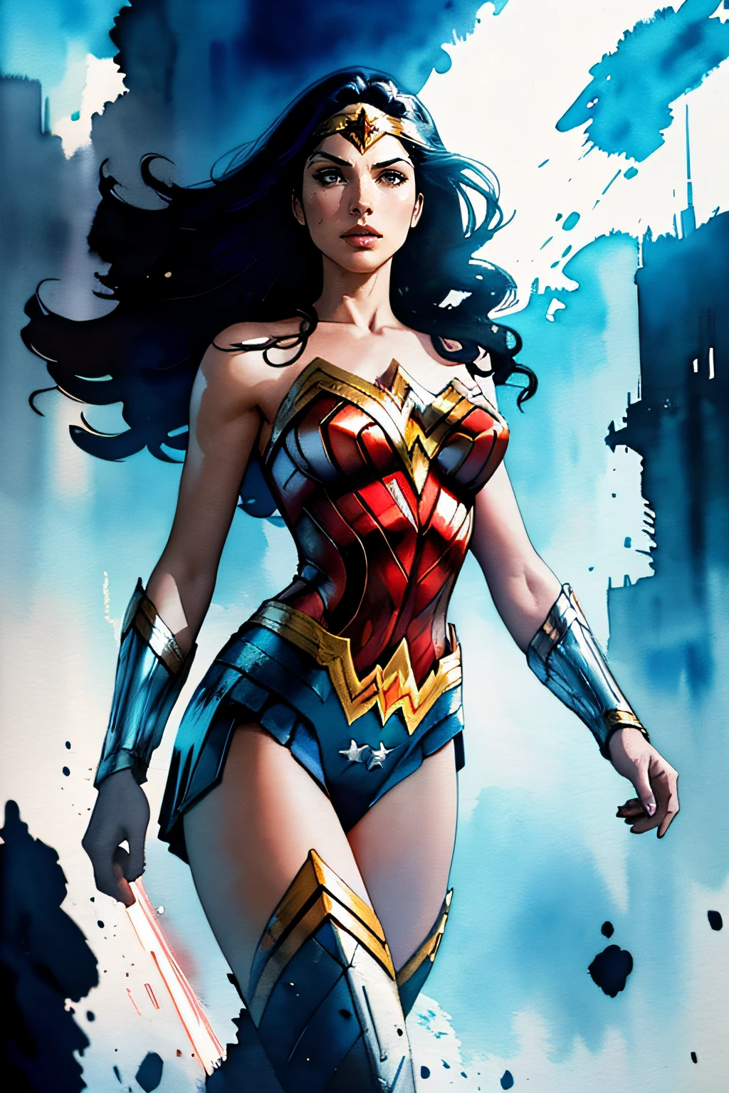 Wonder Woman, closed mouth, looking at viewer, full body covered in high-tech clothes, standing pose, from below, fantasy, high contrast, ink strokes, explosions, over exposure, impression , abstract, ((watercolor painting by John Berkey and Jeremy Mann)), brush strokes, negative space, good anatomy, good proportions, good architecture, realistic:1.25, cantered, high detail, high resolution, 8k, stunning, mascular body, Style-Hamunaptra:0.4,