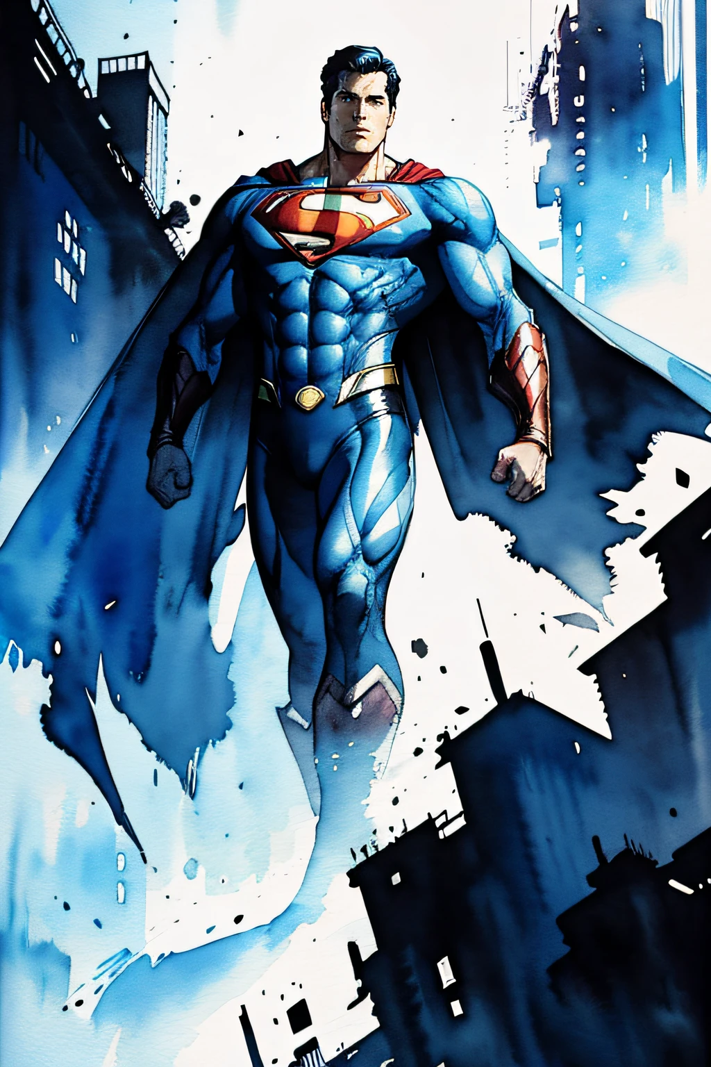 Superman, closed mouth, looking at viewer, high-tech clothes, standing pose, from below,
fantasy, high contrast, ink strokes, explosions, over exposure,
impression , abstract, ((watercolor painting by John Berkey and Jeremy Mann)), brush strokes, negative space, good anatomy, good proportions, good architecture, realistic:1.25,
cantered, high detail, high resolution, 8k, stunning, mascular body,  Style-Hamunaptra:0.4,