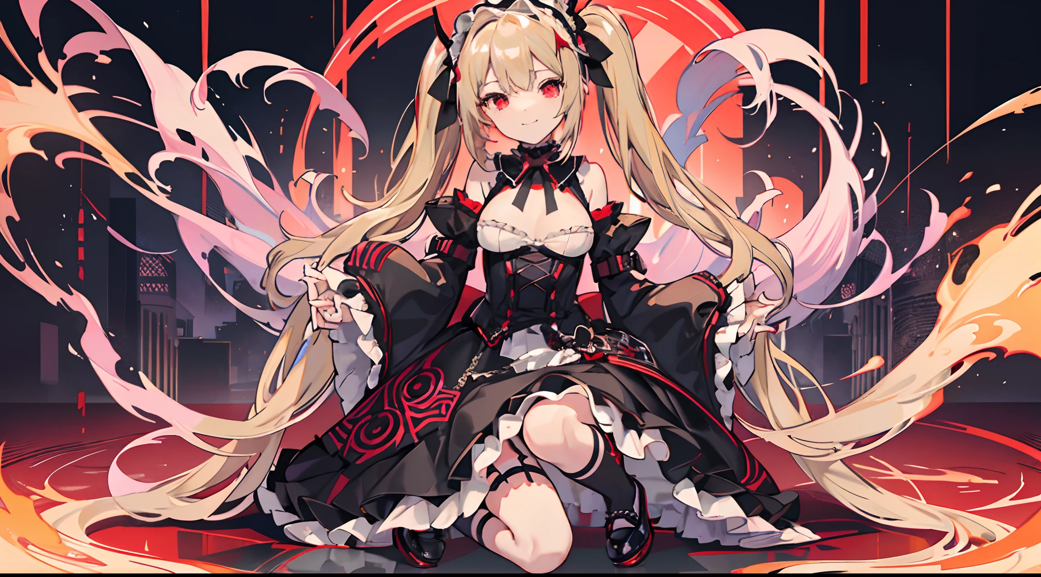 full bodyesbian　Blonde long twin tails　One girl at 　PSO2　red eyes　provocative smiling　Inside the mansion　Breasts are big　Black clothe　Skirts with ruffles　Black Long Ribbon　Gothic Lolita Fashion　Black headdress　Strap Shoes　Swirling Red Flame　Hand Wearing Fire