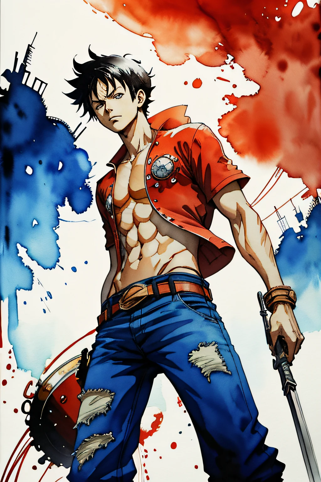 Monkey D Luffy from anime,1boy, looking at viewer, high-tech clothes, standing pose, from below, fantasy, high contrast, ink strokes, explosions, over exposure, impression , abstract, ((watercolor painting by John Berkey and Jeremy Mann)), brush strokes, negative space, good anatomy, good proportions, good architecture, realistic:1.25, cantered, high detail, high resolution, 8k, stunning, mascular body, Style-Hamunaptra:0.4,