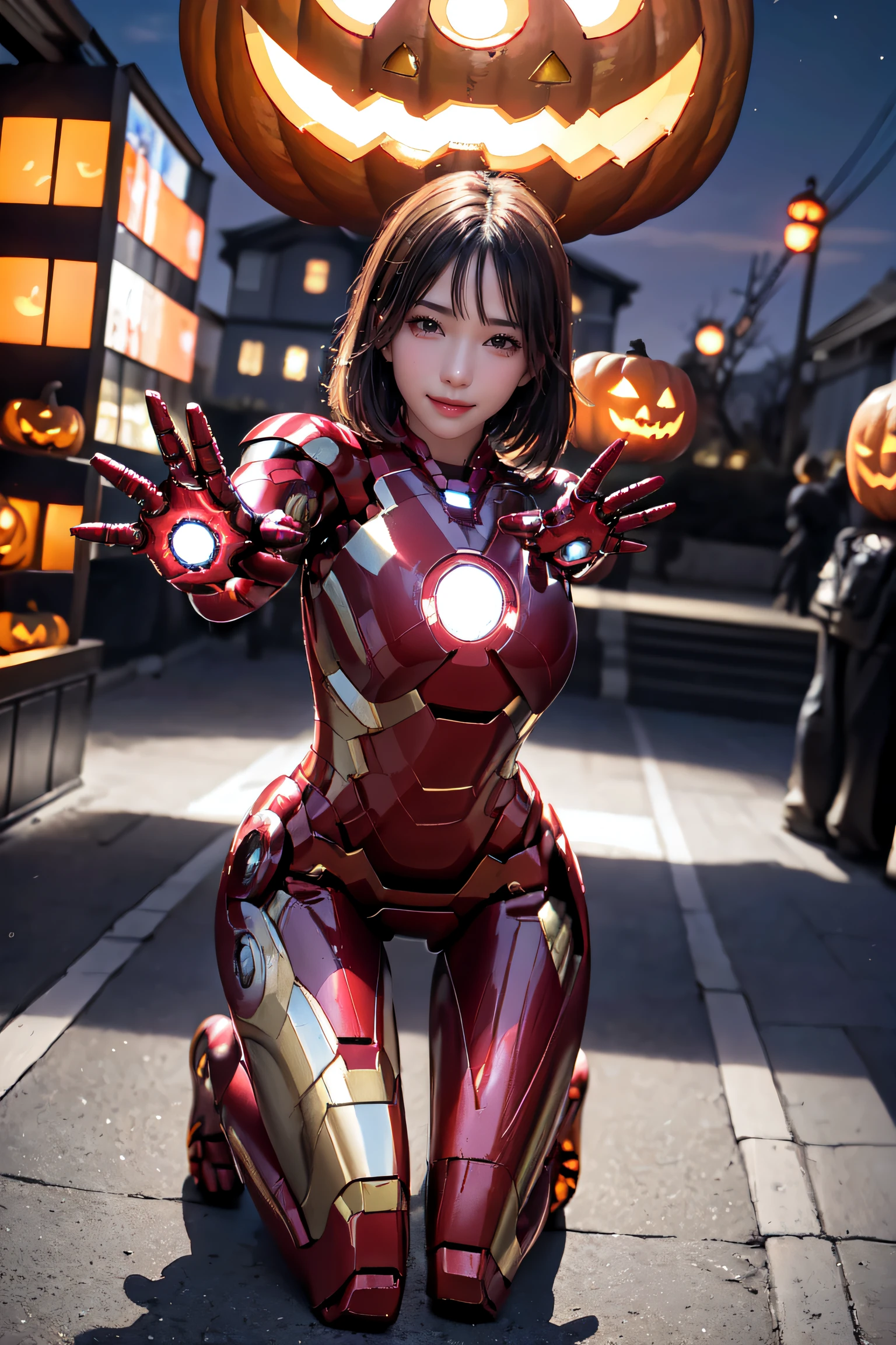 masterpiece, top-quality, top-quality, Beautifully Aesthetic:1.2, 1girl, Halloween night, ((Wearing a high-quality Ironman suit):1.2), high detailed, (kneeling with Selfie pose that reaching out:1.3), large breasts, firm breast, nicely shaped breasts, slender figure,
((Dark Brown Hair)), wavy hair, ((short hair:1.2)),
((in A modern street of decorated for Halloween in Shibuya at late night:1.2)), (Upper body shot:1.1), (From below:1.3), (Focus on Knees:1.1), ((looking at viewer:1.2)),