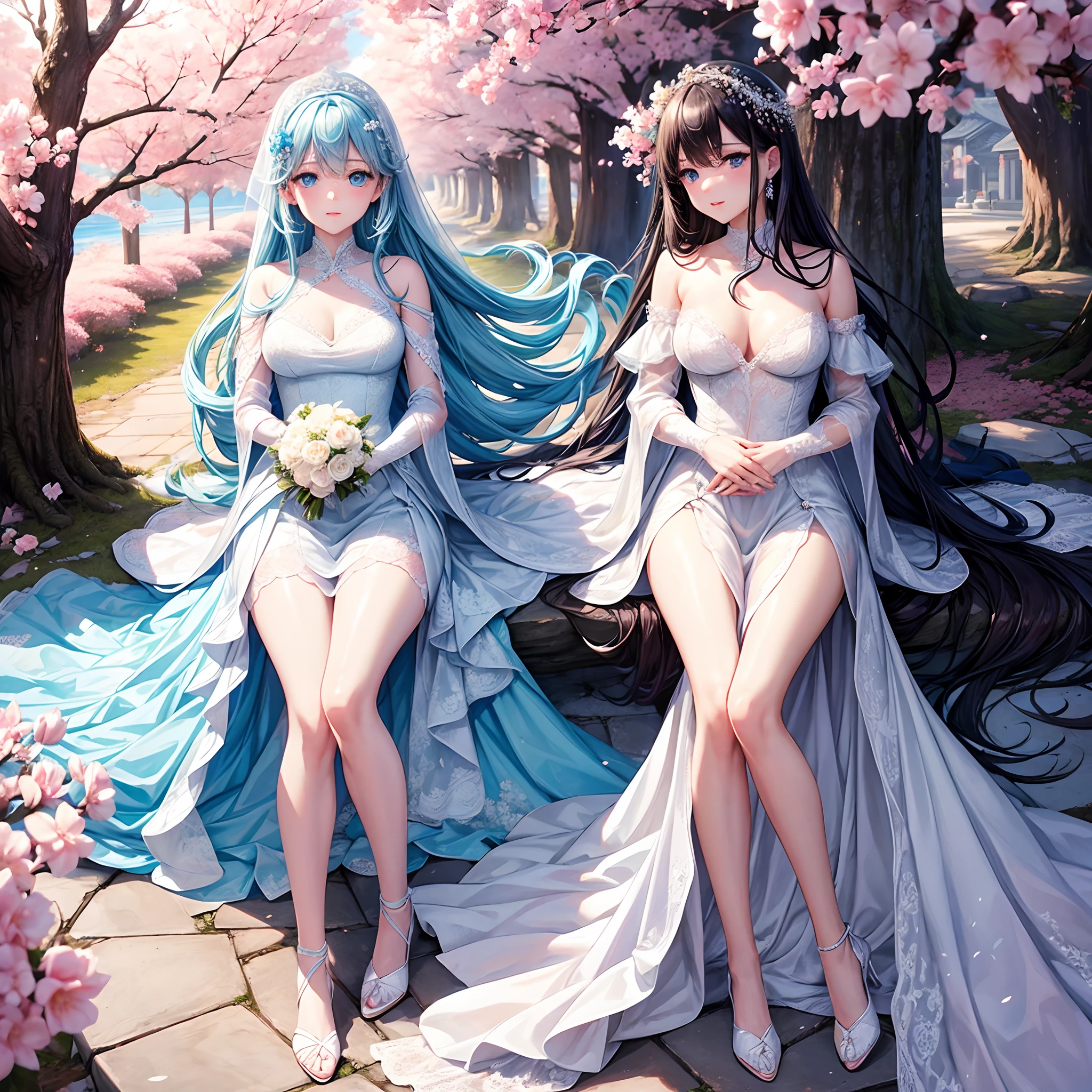 cherry_blossoms, Falling_petals, petals, branch, Pink_flower, 1girll,20yr old, Blue_sky, Spring_\(season\), petals_On_Liquid, flower, hanami, dress, (Long straight blue hair:1.5), Wear a garland, sky,exteriors,clouds,By bangs,ssmile,Blue eyes,White wedding dress,white lace legwear,Diamond crystal heels,Lace gloves,exposed bare shoulders,diamonds earrings,Detail enhancement。Slim hands,perfect hand,Holding_flower,ventania,The tree,Looking_at_peeping at the viewer,best qualtiy,detail-rich,Golden ratio figure,Thin waist,Luminous slender legs,Perfect image quality。