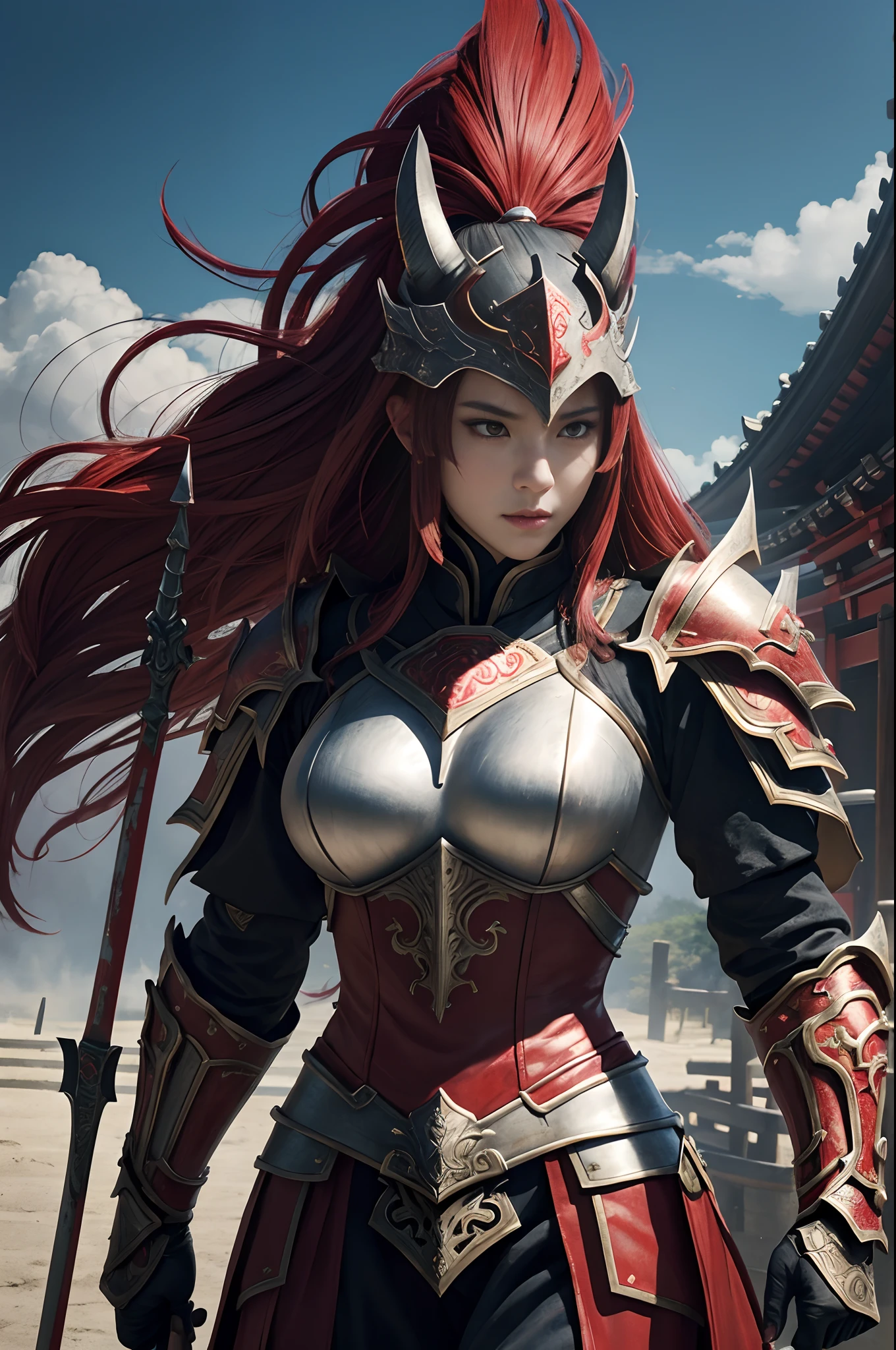 (Female Ghost Attendant)、Demon Mask、Super beauty、Red Armor Solo Adult Demon Woman、Like the whole body、(Armed with a long and large spear)、Mature big female ghost。Sturdy jaw(Like the real thing)、Stand facing the front、demon armor、magnificent artwork、((Kyoto Panel Painting Style))、Wind-effect:1.9、Cloud Effects:1.2、Full Rendering、Encaustic Painting、unrealengine、Fine armor patterns and decorations,A hyper-realistic,Armor details,超A high resolution,