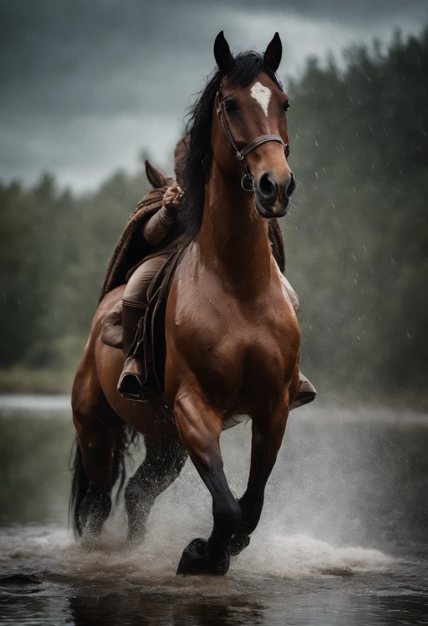 detailed realistic photo of strong male anthropomorphic bipedal horse warrior soaked wet in rain, visible ????? horse ?????, realistic wet fabric, realistic wet fur, full body view, flirty pose