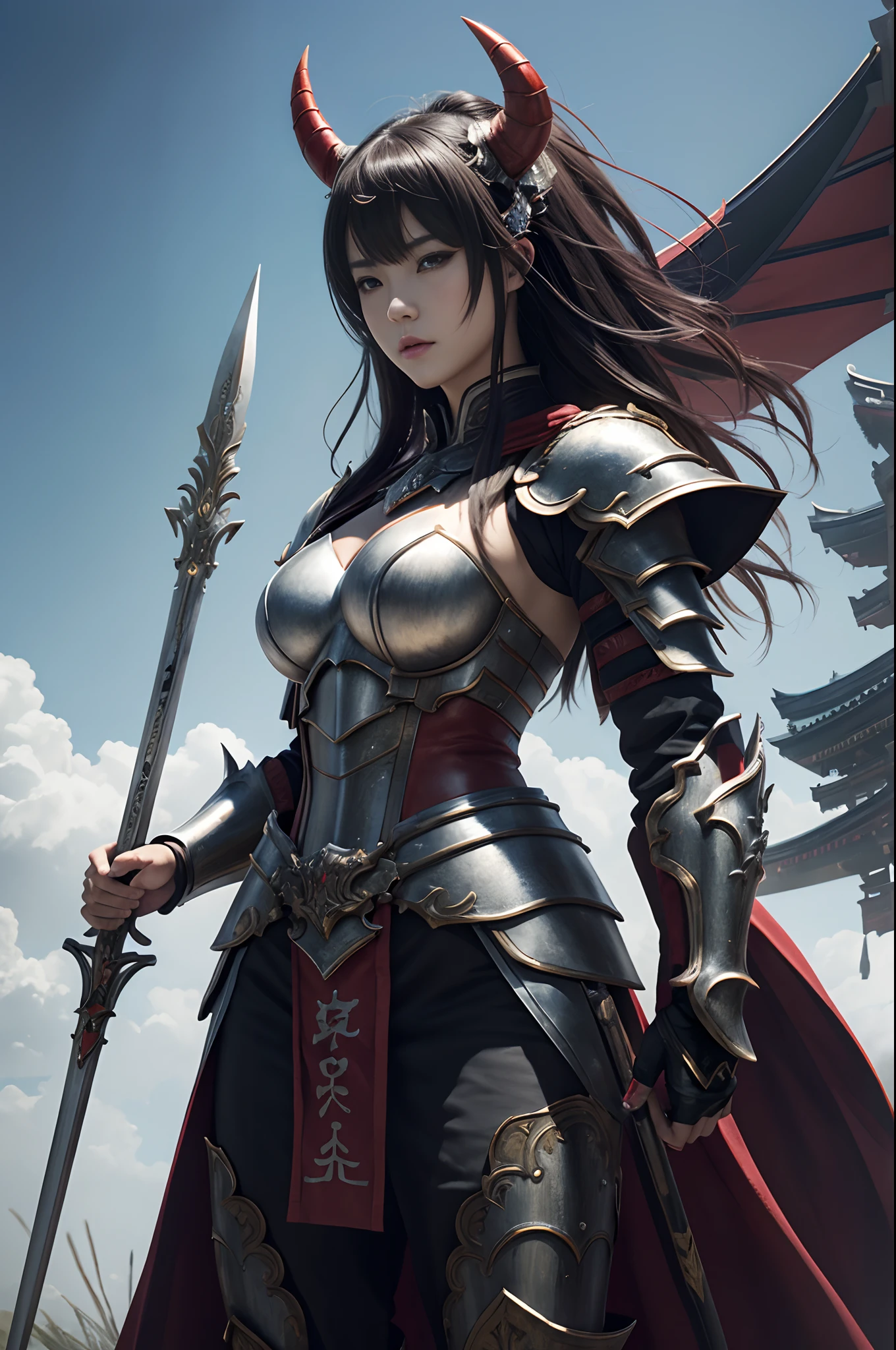 (Female Ghost Attendant)、Demon Mask、Super beauty、Red Armor Solo Adult Demon Woman、Like the whole body、(Armed with a long and large spear)、Mature big female ghost。Sturdy jaw(Like the real thing)、Stand facing the front、demon armor、magnificent artwork、((Kyoto Panel Painting Style))、Wind-effect:1.9、Cloud Effects:1.2、Full Rendering、Encaustic Painting、unrealengine、Fine armor patterns and decorations,A hyper-realistic,Armor details,超A high resolution,