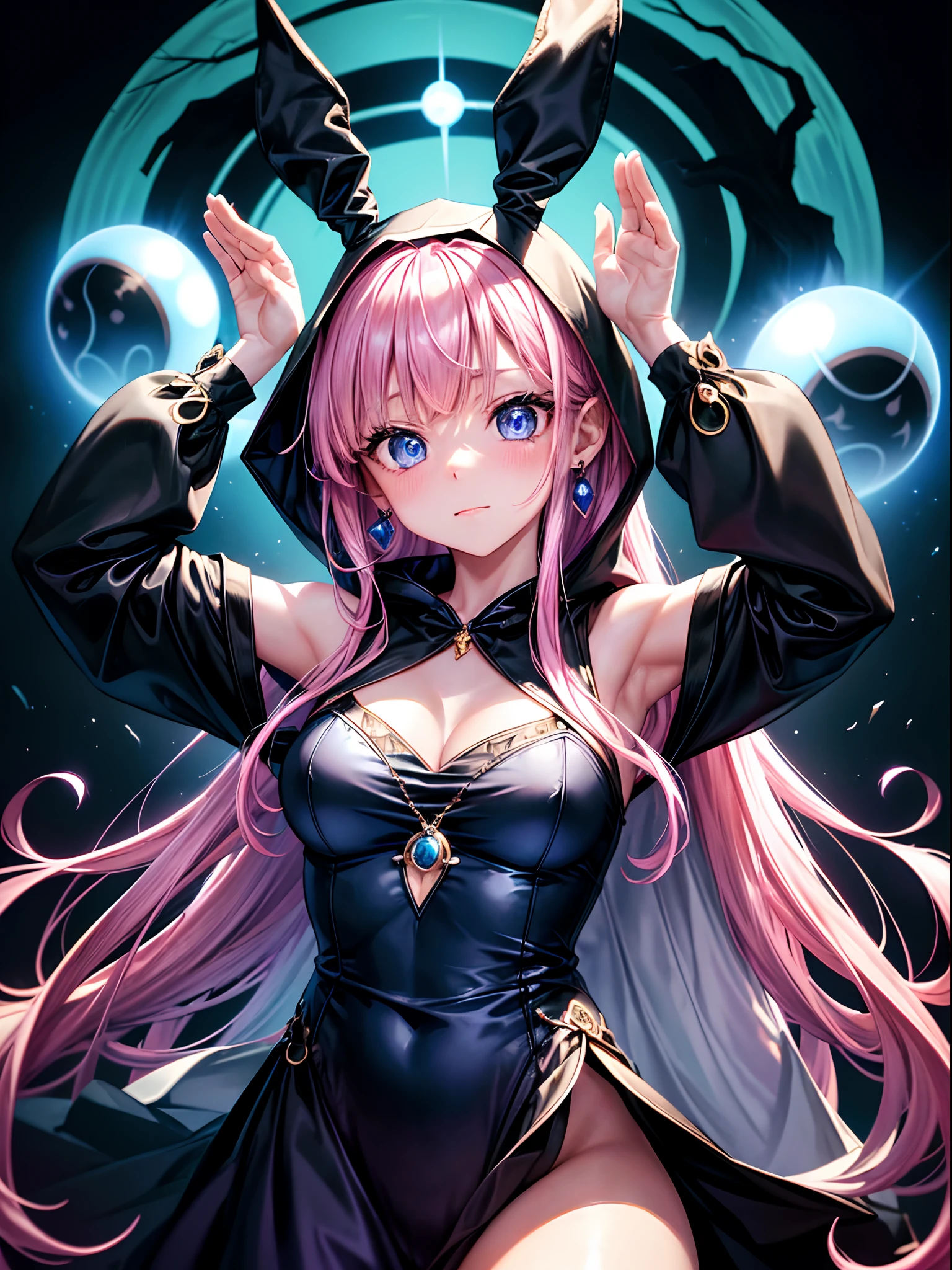 (masterpiece、top-quality:1.2), cowboy shot, 独奏, 1girl in, ((rabbit pose, Arms up:1.3)), ((The black magician wears a flowing black hood、Wearing a purple dress、From the hood comes rabbit ears、Her blue eyes shine fiercely、 very beautiful pink long hair:1.1))、 ,BREAK, (Beautiful Anime Face, cute face, embarassed face、Detailed face), Blue eyes, Jewelry, earrings, Piercing, Mysterious Forest Illuminated by Moonlight、Make an image of a black magician performing magic、A magic orb floats on your lap、Unleash a mysterious mist from the orb、((rabbit pose:1.2))