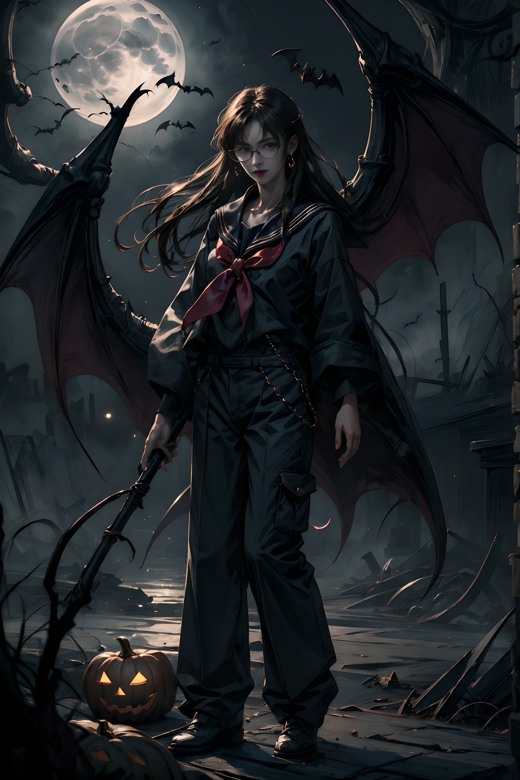 (Halloween Vampire Theme:1.3), Eldritch Monster, full-body photo of a (Elegant) Vampire woman standing on rooftop under red full moon, Vampire Fangs, tusk, Show me your fangs, Wearing a Halloween costume, (Fusion of sailor suit and work pants:1.3), wears glasses, Closed mouth,(Smiling eyes:0.2),Looking at Viewer, (masutepiece, Best Quality:1.2), absurderes, Perfect Artwork, Trending on ArtStation, Highly detailed, Delicate, (Realistic, Photorealsitic:1.37), Portrait, Light on Face, Detailed face, Night, Night situation, Night time, (Moonlight:1.3), Tentacles wriggle、Realistic, Hyper Sharp, ultra-detailliert,