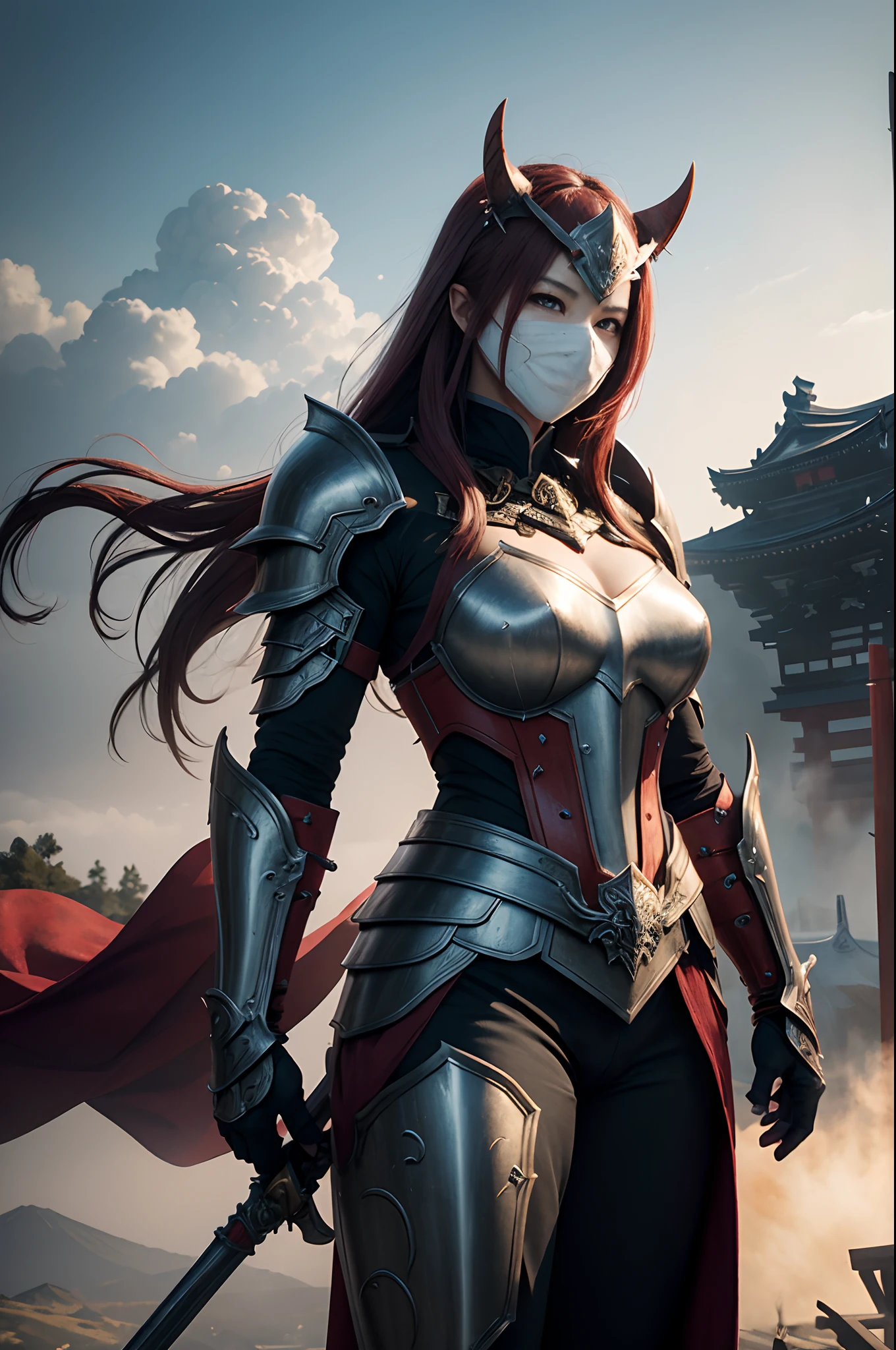 (Female Ghost Attendant)、Demon Mask、Super beauty、Red Armor Solo Adult Demon Woman、Like the whole body、(Armed with a long and large spear)、Mature big female ghost。Sturdy jaw(Like the real thing)、Stand facing the front、demon armor、magnificent artwork、((Kyoto Panel Painting Style))、Wind-effect:1.9、Cloud Effects:1.2、Full Rendering、Encaustic Painting、unrealengine、Fine armor patterns and decorations,A hyper-realistic,Armor details,超A high resolution,