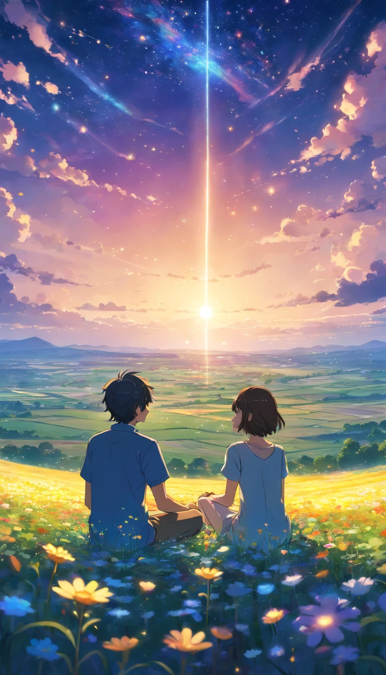 Fantastic flower fields . Jewel-like starry sky . Couple sitting, back view , high quality images down to the smallest details. Fantastic landscape . People large .