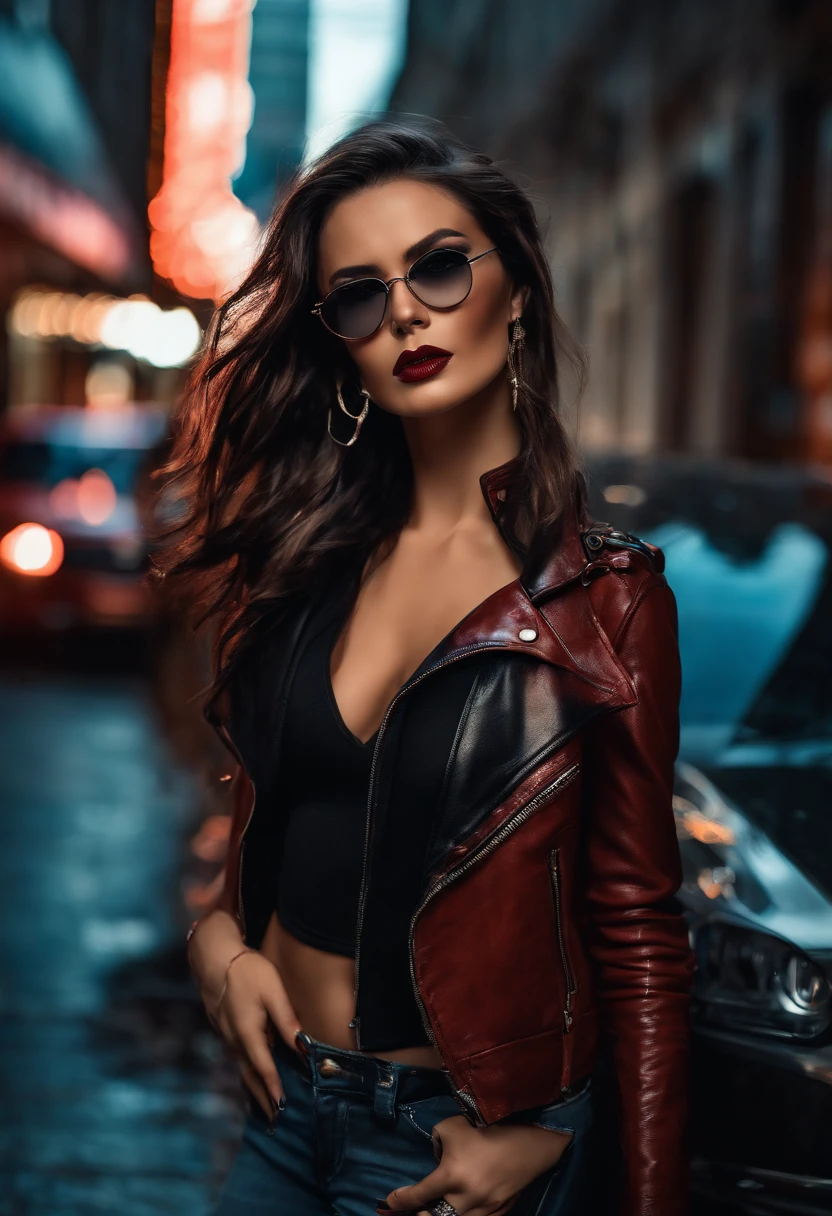 (realistic:1.37),sexy,dark hair,blue eyes,leather jacket,1girl,beautiful detailed eyes,beautiful detailed lips,vivid colors,dramatic lighting,big boobs,colored hair,high heels,confident pose,fierce expression,slim waist,long legs,fashionable sunglasses,smoky eye makeup,red lipstick,edgy background,urban setting,city lights,nighttime scenery,graffiti-covered walls,striking contrast,bold shadows,seductive atmosphere,neon signs,reflection on wet pavement,attention-grabbing earrings,distinctive tattoo,edgy fashion style,empowering stance,powerful aura,alluring confidence,mesmerizing gaze