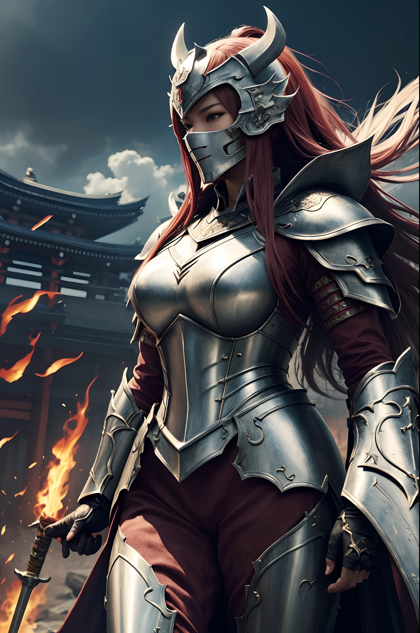 (Female Ghost Attendant)、Demon Mask、Super beauty、Red Armor Solo Adult Demon Woman、Like the whole body、(Armed with a long and large spear)、Mature big female ghost。Sturdy jaw(Like the real thing)、Stand facing the front、demon armor、magnificent artwork、((Kyoto Panel Painting Style))、Wind-effect:1.9、Cloud Effects:1.2、Full Rendering、Encaustic Painting、unrealengine、Fine armor patterns and decorations,A hyper-realistic,Armor details,超A high resolution,