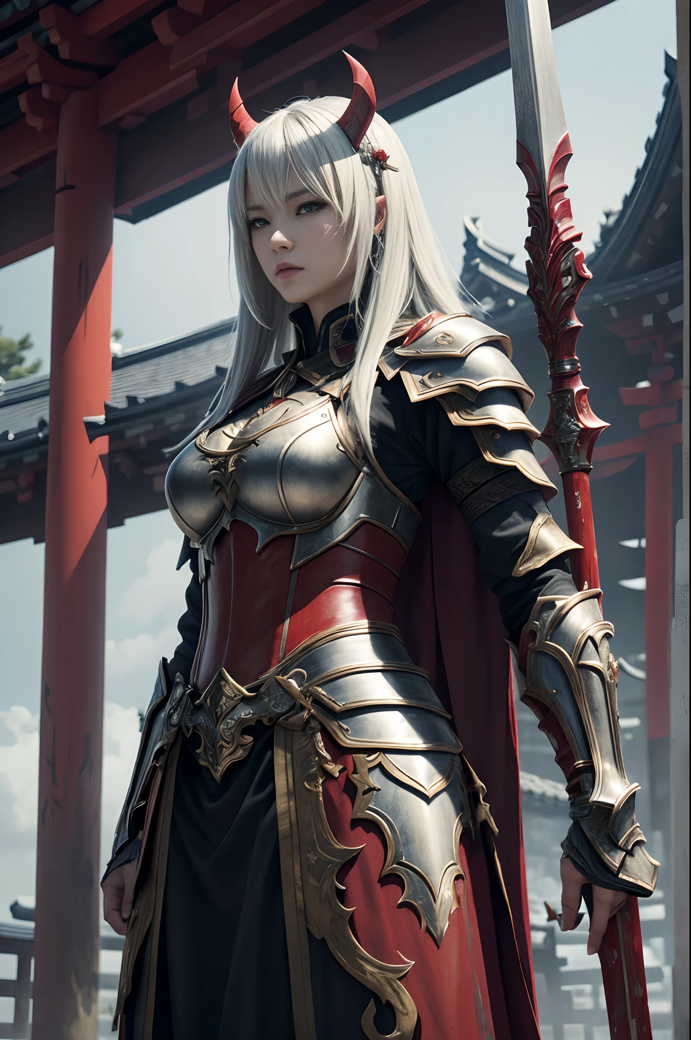 (Female Ghost Attendant)、Demon Mask、Super beauty、Red Armor Solo Adult Demon Woman、Like the whole body、(Armed with a long and large spear)、Mature big female ghost。Sturdy jaw(Like the real thing)、Stand facing the front、demon armor、magnificent artwork、((Kyoto Panel Painting Style))、Wind-effect:1.9、Cloud Effects:1.2、Full Rendering、Encaustic Painting、unrealengine、Fine armor patterns and decorations,A hyper-realistic,Armor details,超A high resolution,