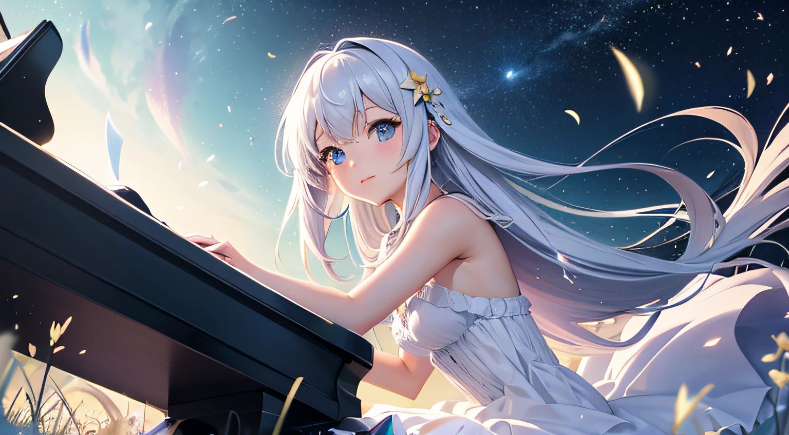 anime girl playing the piano, meadow, universe, galaxy, light particles, white dress, masterpiece