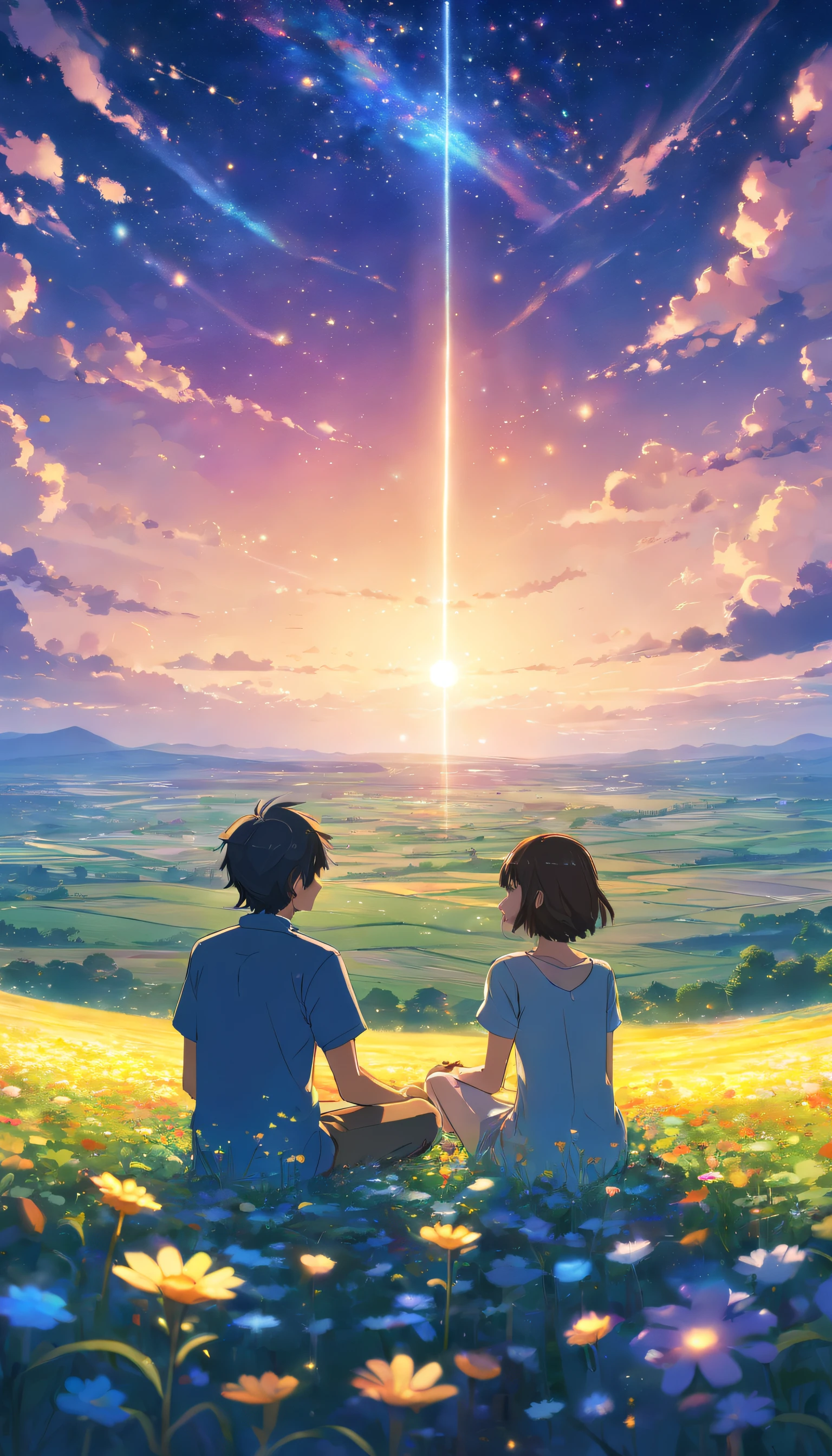 Fantastic flower fields . Jewel-like starry sky . Couple sitting, back view , high quality images down to the smallest details. Fantastic landscape . People large .
