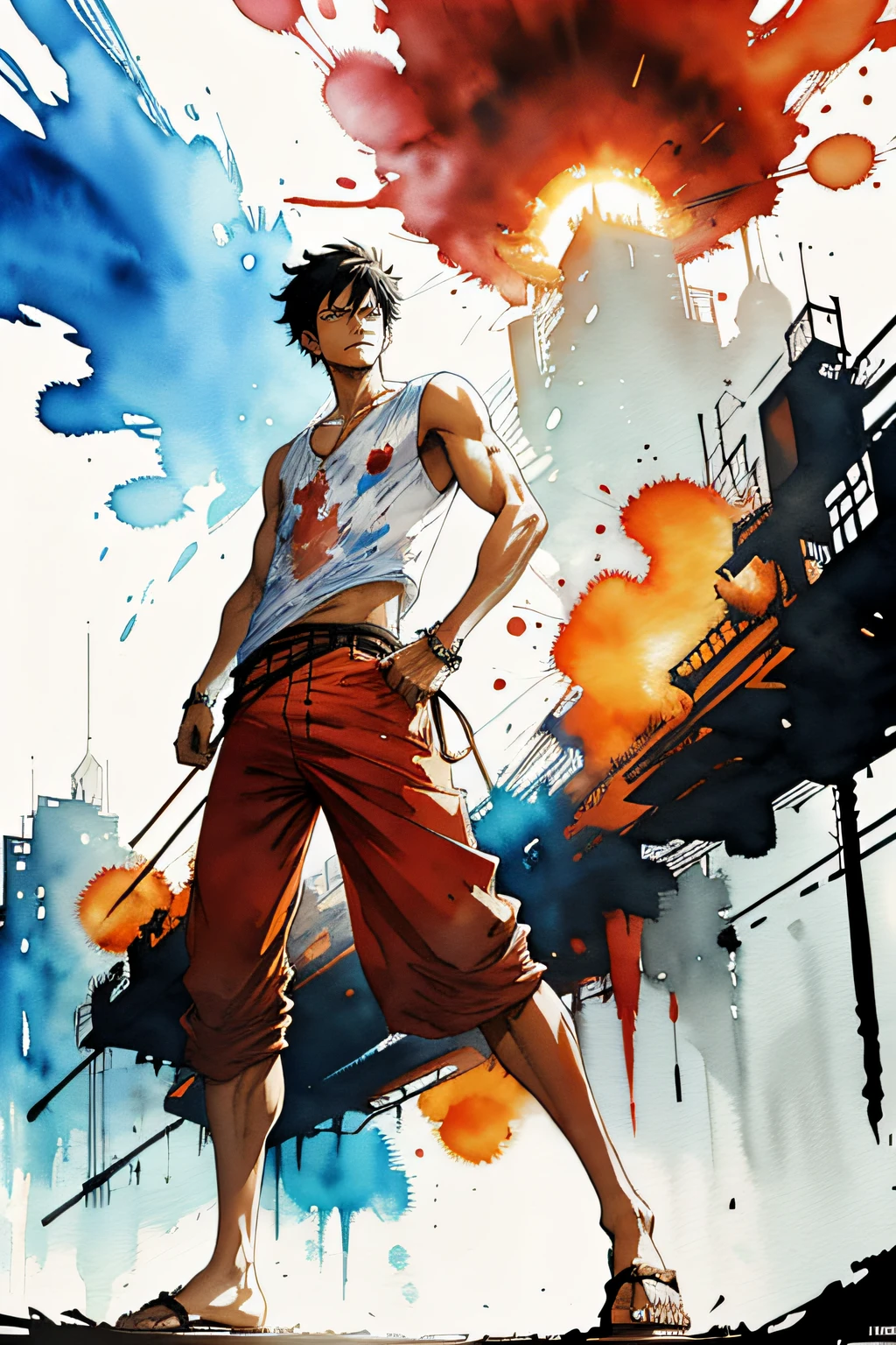 Monkey D Luffy from anime,1boy, looking at viewer, high-tech clothes, standing pose, from below, fantasy, high contrast, ink strokes, explosions, over exposure, impression , abstract, ((watercolor painting by John Berkey and Jeremy Mann)), brush strokes, negative space, good anatomy, good proportions, good architecture, realistic:1.25, cantered, high detail, high resolution, 8k, stunning, mascular body, Style-Hamunaptra:0.4,