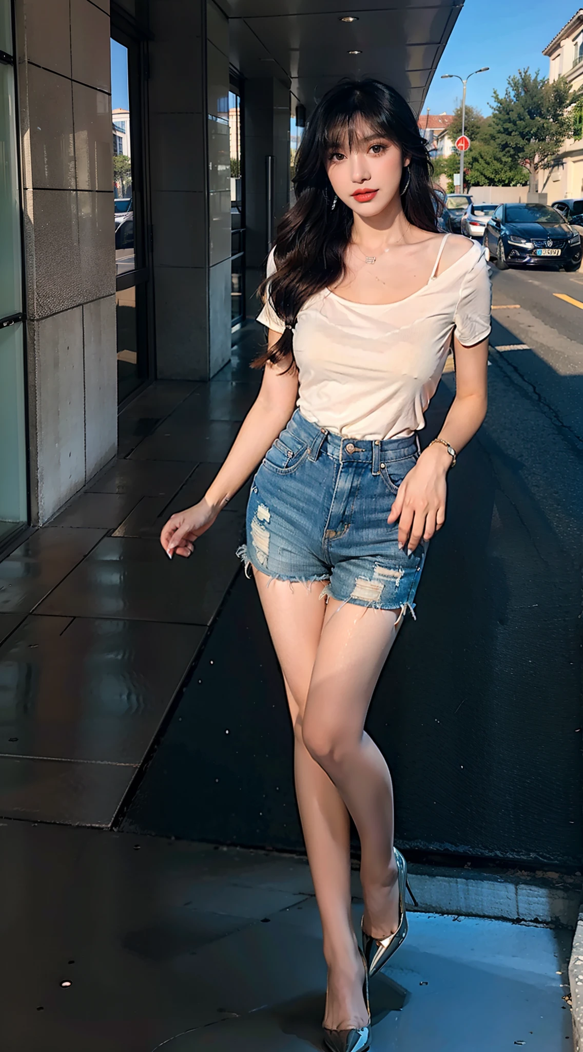 Heavy makeup，See-through pantyhose，8K，Long legs，By bangs，waved hair，mature，tightshortsleeve，rays of sunshine，ear studs，Ultra shorts，stiletto，Two women，are standing