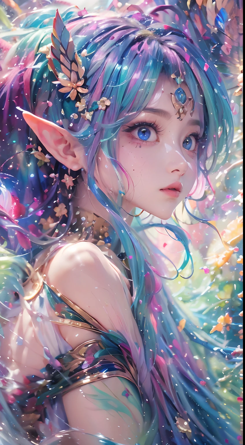 ( Absurd, High quality, Ultra-detailed, Masterpiece, concept-art, smooth, high detail artwork, Hyper-realistic painting , high resolution, paint splatter, colored splashing, Splash of Ink, colored splashing), (( Rainbow hair)),elf, Plum elf, plum , Transparent fairy wings, wearing only his underwear，huge tit，low chest，fairytale-like, Romantic, Vivid, Whole body,hand behind back，Malu，largeeyes，（Eye focus），Cosmic eyes，Full body photo，Space eyes，In nature with waterfalls，PureErosFace_V1，Urzang-6500-V1 version.1，