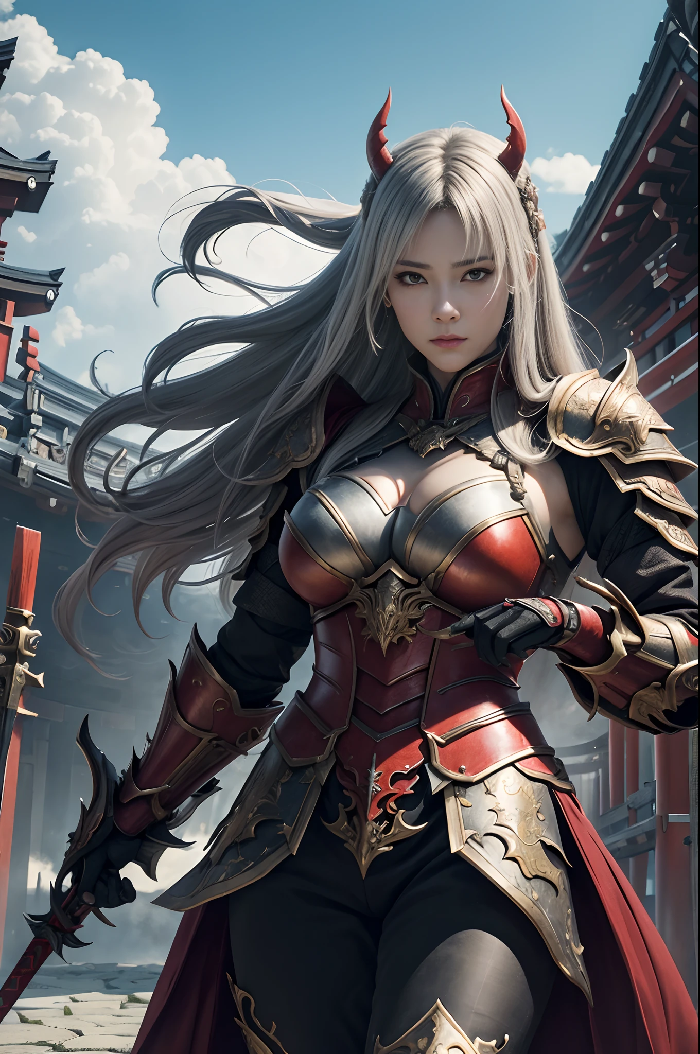 (Female Ghost Attendant)、Demon Mask、Super beauty、Red Armor Solo Adult Demon Woman、Like the whole body、(Armed with a long and large spear)、Mature big female ghost。Sturdy jaw(Like the real thing)、Stand facing the front、demon armor、magnificent artwork、((Kyoto Panel Painting Style))、Wind-effect:1.9、Cloud Effects:1.2、Full Rendering、Encaustic Painting、unrealengine、Fine armor patterns and decorations,A hyper-realistic,Armor details,超A high resolution,