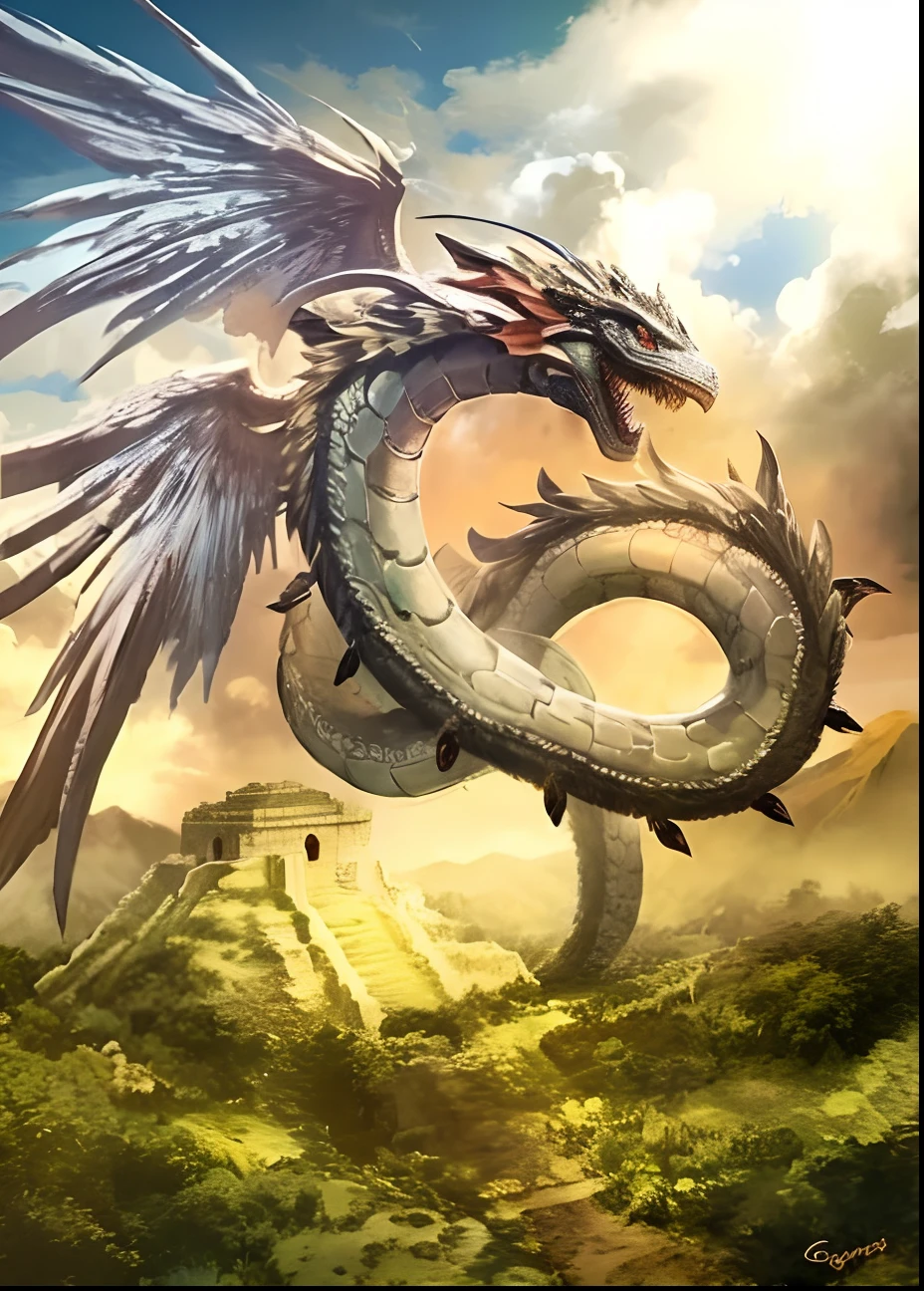 A close-up of a dragon with a large tail on a hill, quetzalcoatl, great mystical winged serpent, dragon snake with wings, digital painting of quetzalcoatl, Aztec mythology, portrait of quetzalcoatl, Dios de los dragones, flying mythical beasts, Dragones ultraterrestres, jormungandr, classic mayan mythology