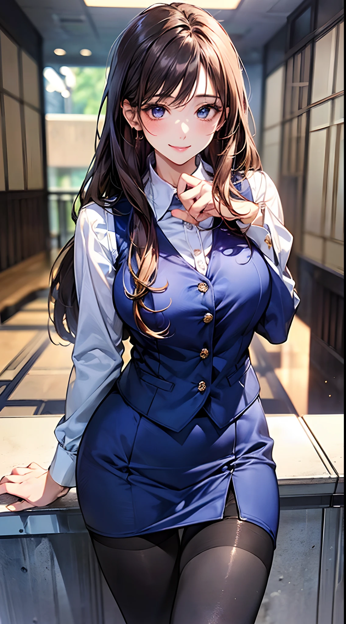 ((((perfect anatomy, super detailed skin)))), 1 girl, japanese, , (detailed ultra-oily shiny skin:1.1), watching the view, (smile:1.5),
beautiful hair, beautiful face, beautiful detailed eyes, (long hair:1.4, straight hair:1.7), brown hair, (beautiful large breasts:1.3),
beautiful clavicle, beautiful body, beautiful chest, beautiful thigh, beautiful legs, beautiful detailed fingers, five fingers, babyface, , st,
((long sleeves white shirt with collar and buttons, (beautiful dark blue suit vest:1.4, dark blue tight skirt:1.4, black pantyhose:1.3), oily shiny thigh-highs, extremely sexy, crotch, seductive thighs, camel toe)),
(beautiful scenery), receptionist, department store, service counter, beautiful sister, sexy pose, standing, stretch,
(8k, top-quality, masterpiece:1.2, extremely detailed, , ), (photorealistic), beautiful illustration, cinematic lighting,