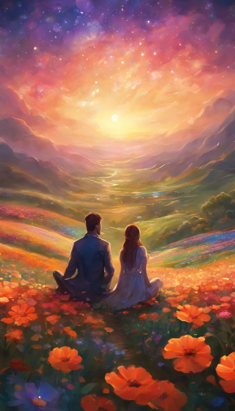 Fantastic flower fields . Jewel-like starry sky . Couple sitting, back view , high quality images down to the smallest details. Fantastic landscape . People large .