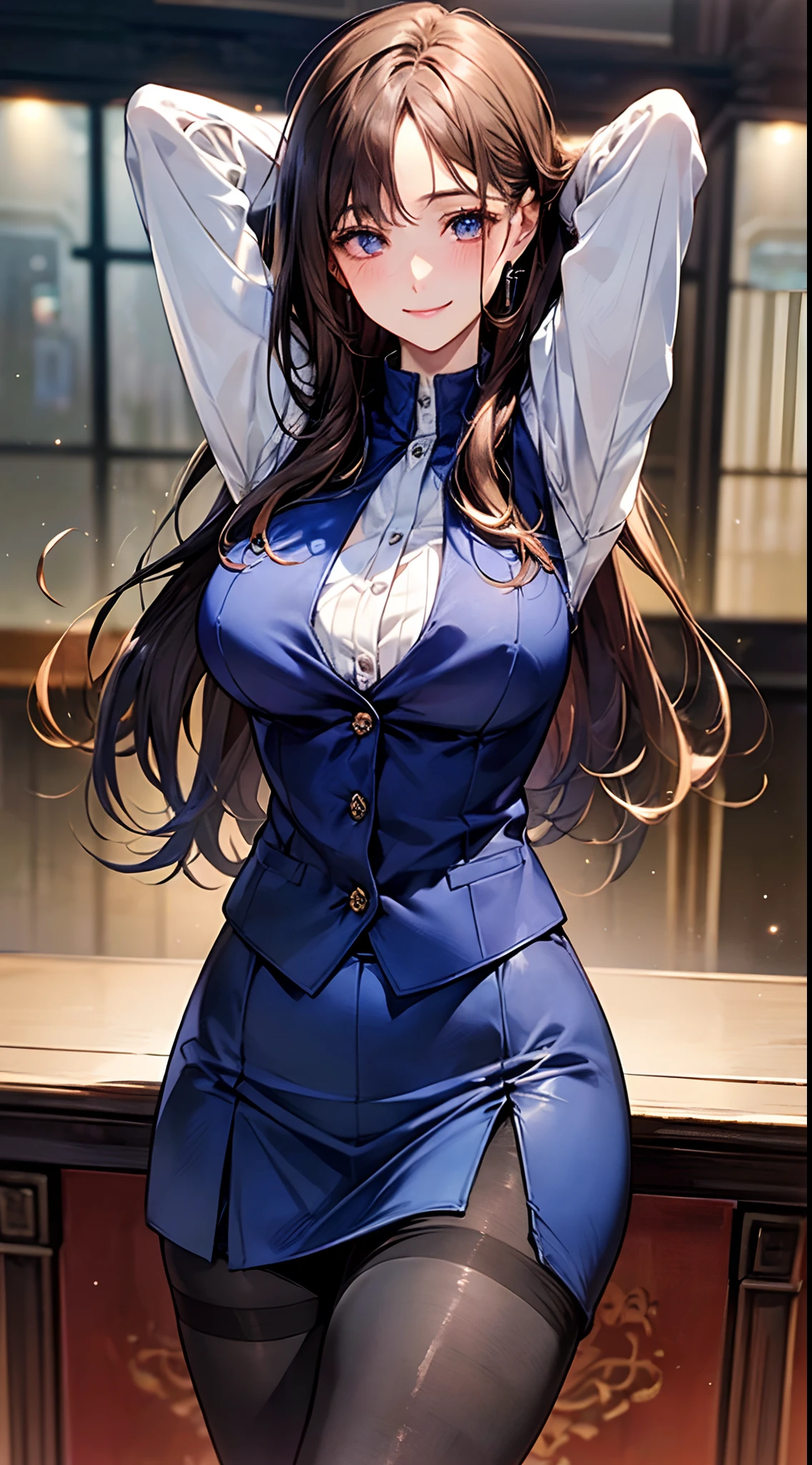 ((((perfect anatomy, super detailed skin)))), 1 girl, japanese, 17 years old, (detailed ultra-oily shiny skin:1.1), watching the view, (smile:1.5), 
beautiful hair, beautiful face, beautiful detailed eyes, (long hair:1.4, straight hair:1.7), brown hair, (beautiful large breasts:1.3), 
beautiful clavicle, beautiful body, beautiful chest, beautiful thigh, beautiful legs, beautiful detailed fingers, five fingers, babyface, , breast, 
((long sleeves white shirt with collar and buttons, (beautiful dark blue suit vest:1.4, dark blue tight skirt:1.4, black pantyhose:1.3), oily shiny thigh-highs, extremely sexy, crotch, seductive thighs, camel toe)), 
(beautiful scenery), receptionist, department store, service counter, beautiful sister, sexy pose, standing, stretch, 
(8k, top-quality, masterpiece​:1.2, extremely detailed, , ), (photorealistic), beautiful illustration, cinematic lighting,
