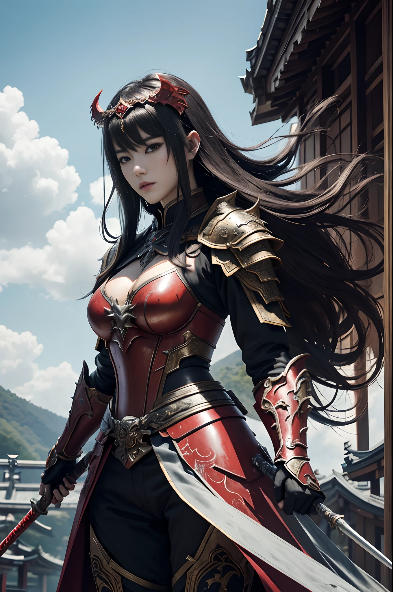 (Female Ghost Attendant)、Demon Mask、Super beauty、Red Armor Solo Adult Demon Woman、Like the whole body、(Armed with a long and large spear)、Mature big female ghost。Sturdy jaw(Like the real thing)、Stand facing the front、demon armor、magnificent artwork、((Kyoto Panel Painting Style))、Wind-effect:1.9、Cloud Effects:1.2、Full Rendering、Encaustic Painting、unrealengine、Fine armor patterns and decorations,A hyper-realistic,Armor details,超A high resolution,