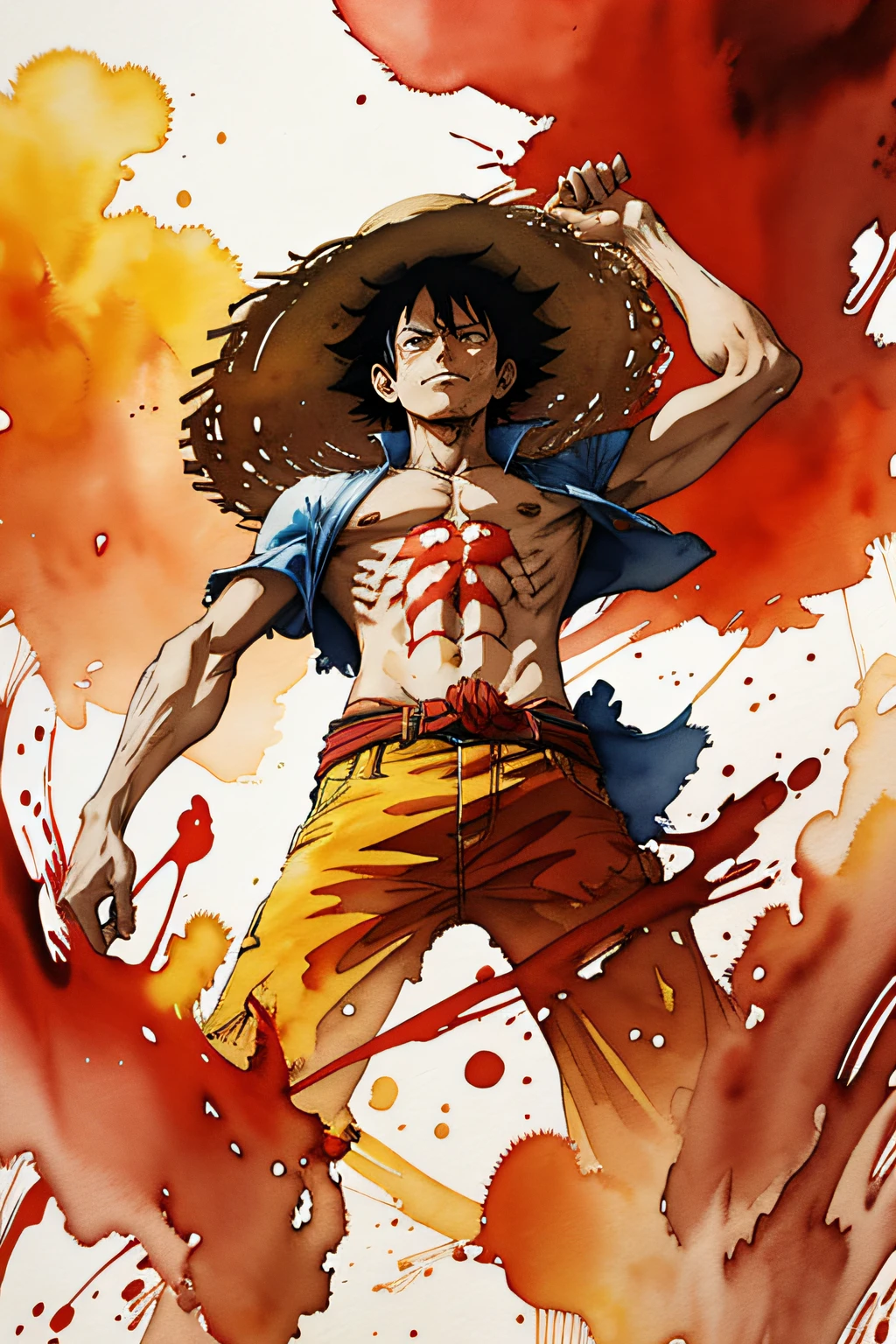 Monkey D Luffy from anime wearing a straw-hat,1boy, looking at viewer, high-tech clothes, standing pose, from below, fantasy, high contrast, ink strokes, explosions, over exposure, impression , abstract, ((watercolor painting by John Berkey and Jeremy Mann)), brush strokes, negative space, good anatomy, good proportions, good architecture, realistic:1.25, cantered, high detail, high resolution, 8k, stunning, mascular body, Style-Hamunaptra:0.4,