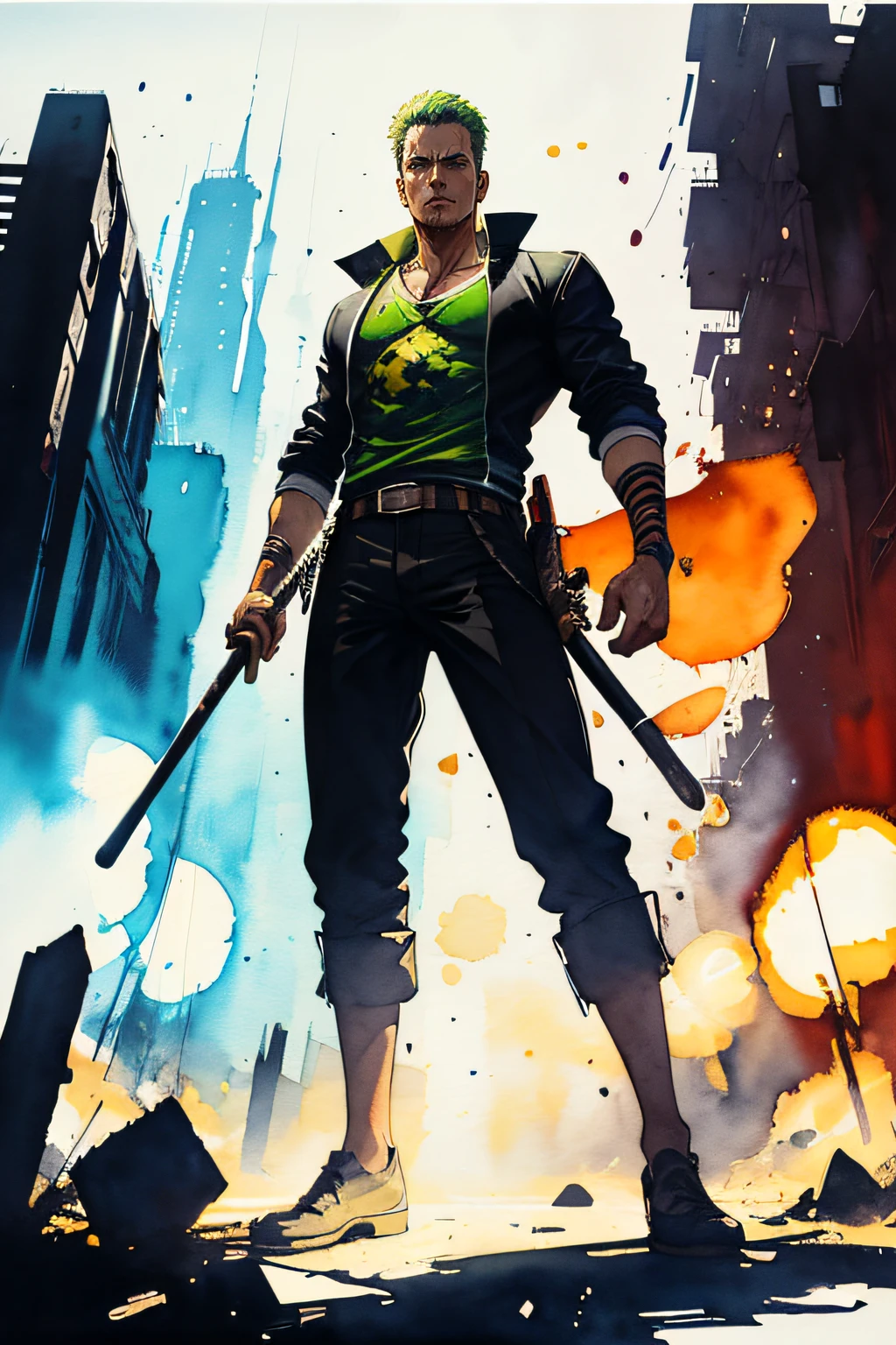 Roronoa Zoro from anime,1boy, looking at viewer, high-tech clothes, standing pose, from below, fantasy, high contrast, ink strokes, explosions, over exposure, impression , abstract, ((watercolor painting by John Berkey and Jeremy Mann)), brush strokes, negative space, good anatomy, good proportions, good architecture, realistic:1.25, cantered, high detail, high resolution, 8k, stunning, mascular body, Style-Hamunaptra:0.4,