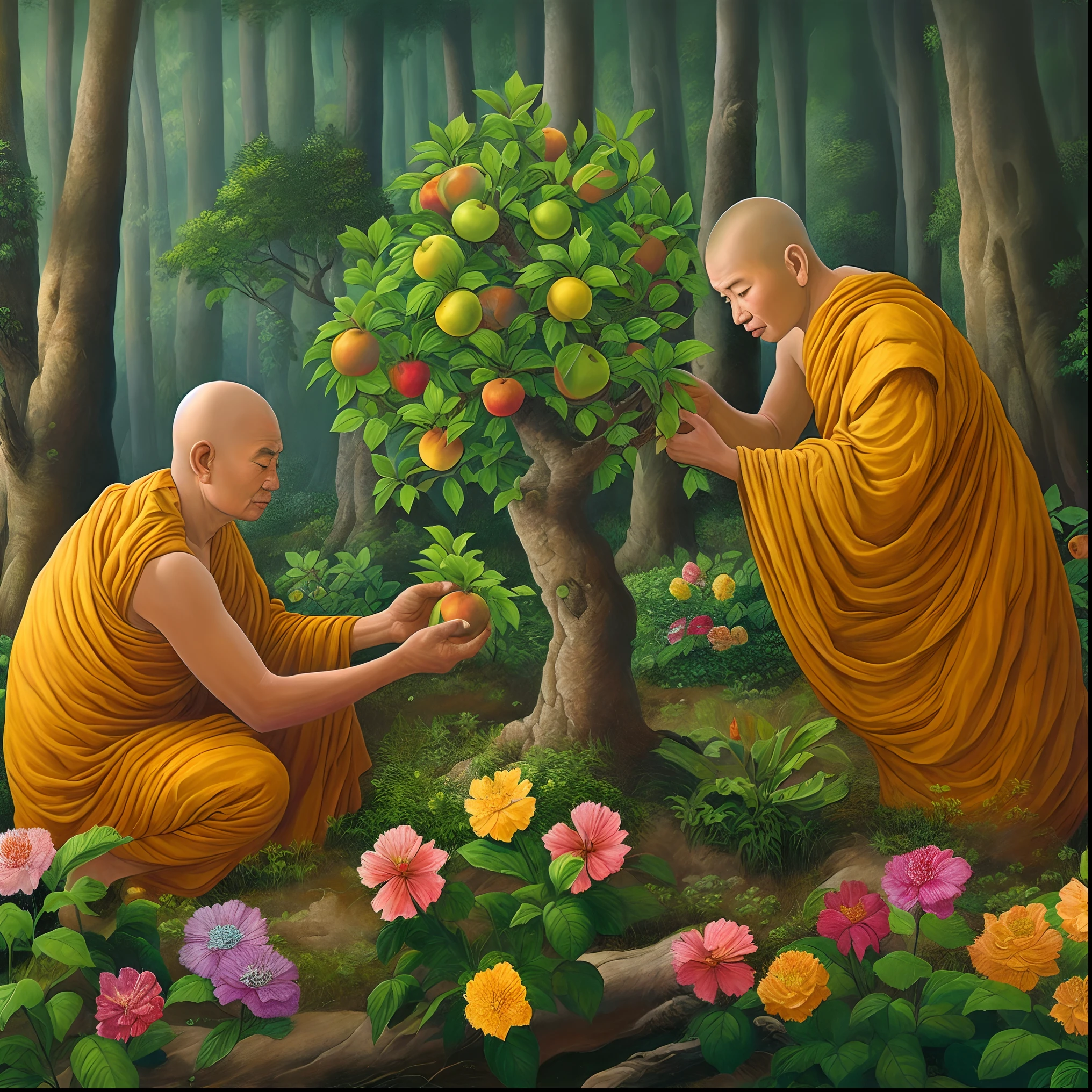 painting of two monks in a forest picking fruit from a tree, golden sacred tree, buddhism, on the path to enlightenment, monks, on path to enlightenment, buddhist, by Ma Quan, kuntilanak on bayan tree, buddhist art, by John Moonan, harmony of nature, monk clothes, alex grey and tim hildebrandt, spiritual enlightenment