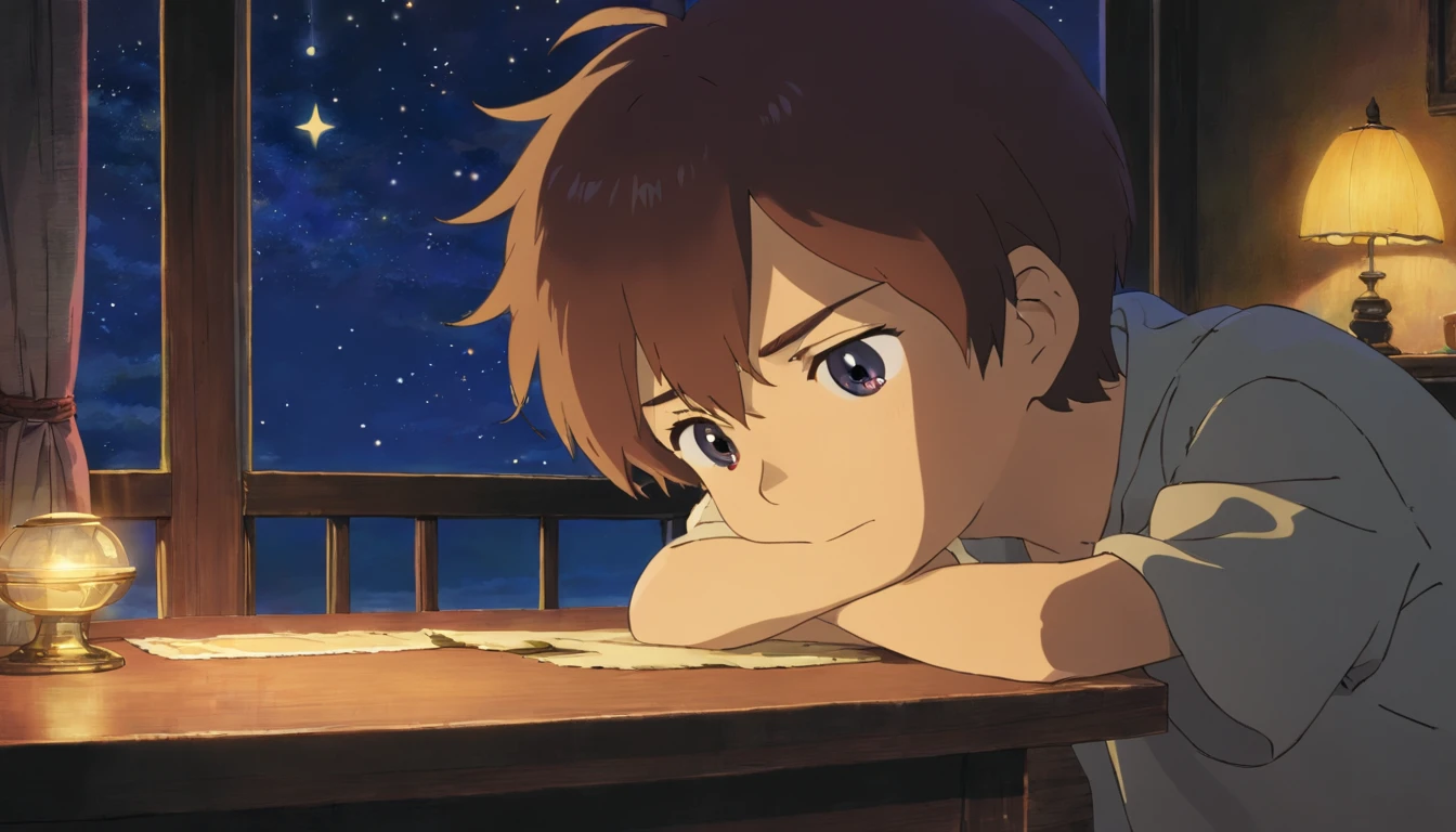 a boy crying sleep in night in table no light window side night star