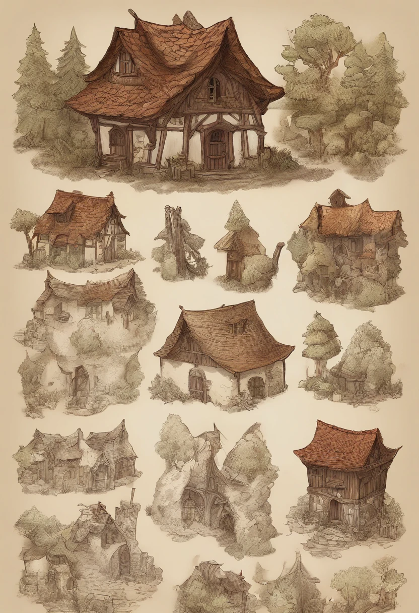 Tiro de cima para baixo de um drone, mapa de batalha vilarejo pequeno, Casas Humildes, lojas de armas, taberna, igreja, Square in the center, bem iluminada, Dungeons and Dragons, Final Fantasy, arte do jogo, (arquitetura e interiores coerentes, with realistic proportions and textures, detalhes intrincados, Hand drawn, Vibrando, Cinematic lighting, master part, 8k)