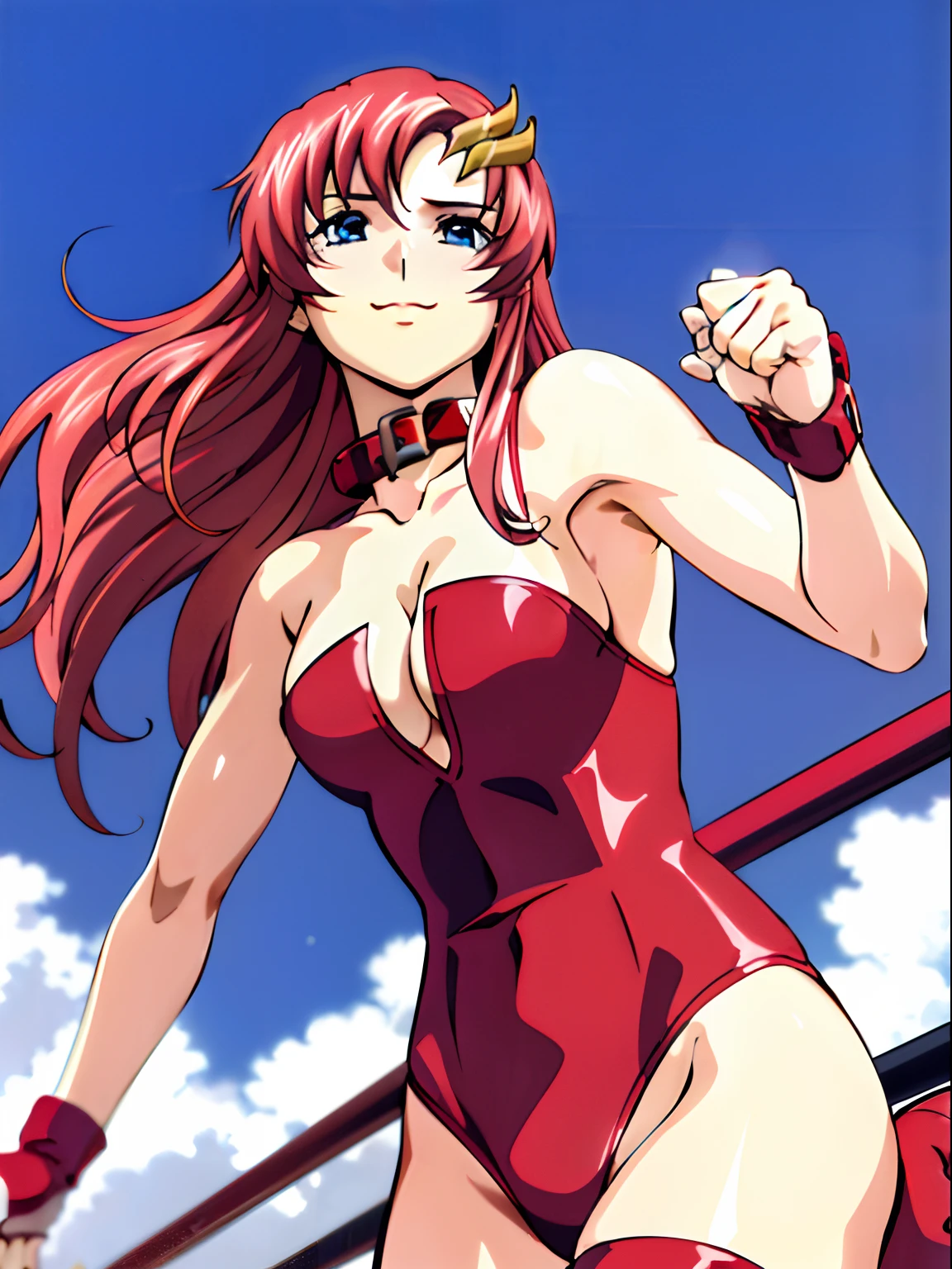 solo, (((red strapless wrestling outfit, collar, red boots))), (upper body view, closed mouth, happy, Best Quality, Anime style: 1.9, Adult Woman, (cloud background), Anime, lacus4), 1girl, Solo, 鎖骨, (very long hair, wide bangs, Hair Ornament, Detailed reddish-pink hair, golden crest), large hands, (blue eyes), ((little biceps, slender body, hourglass figure, broad shoulders, closed fists)), ((perfect proportions, medium breasts, cleavage, long belly)), (((mini red wrestling outfit))
