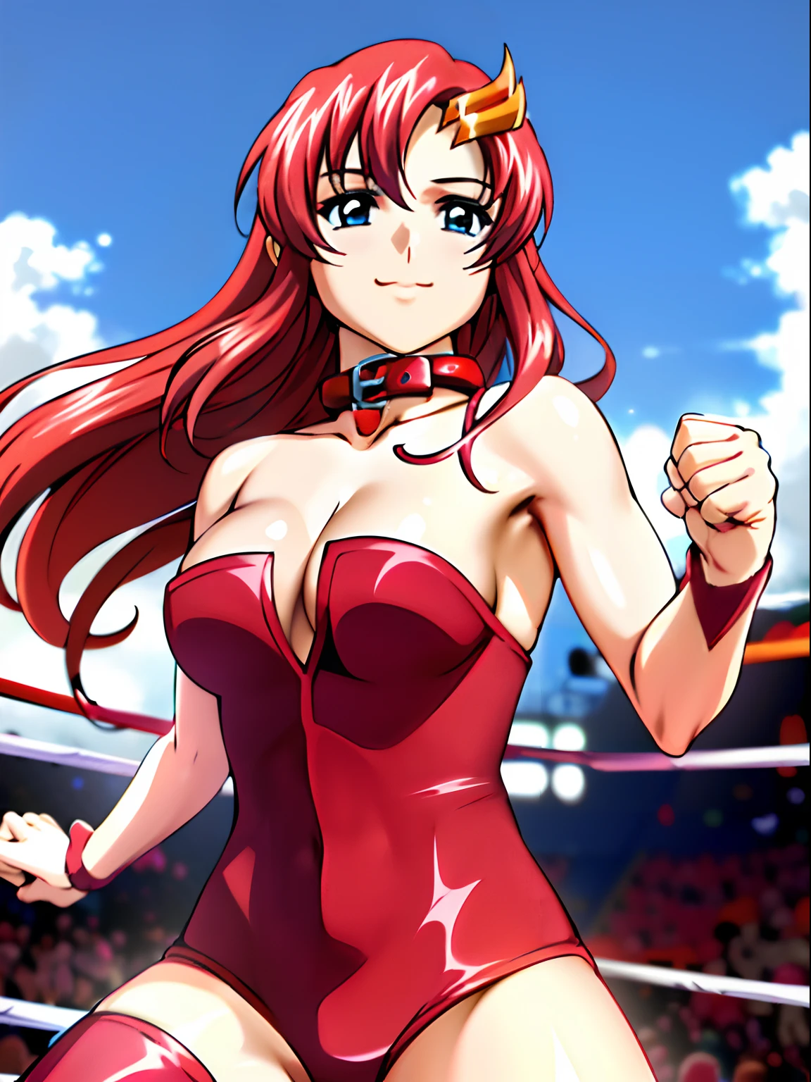 solo, (((red strapless wrestling outfit, collar, red boots))), (upper body view, closed mouth, happy, Best Quality, Anime style: 1.9, Adult Woman, (cloud background), Anime, lacus4), 1girl, Solo, 鎖骨, (very long hair, wide bangs, Hair Ornament, Detailed reddish-pink hair, golden crest), large hands, (blue eyes), ((little biceps, slender body, hourglass figure, broad shoulders, closed fists)), ((perfect proportions, medium breasts, cleavage, long belly)), (((mini red wrestling outfit))