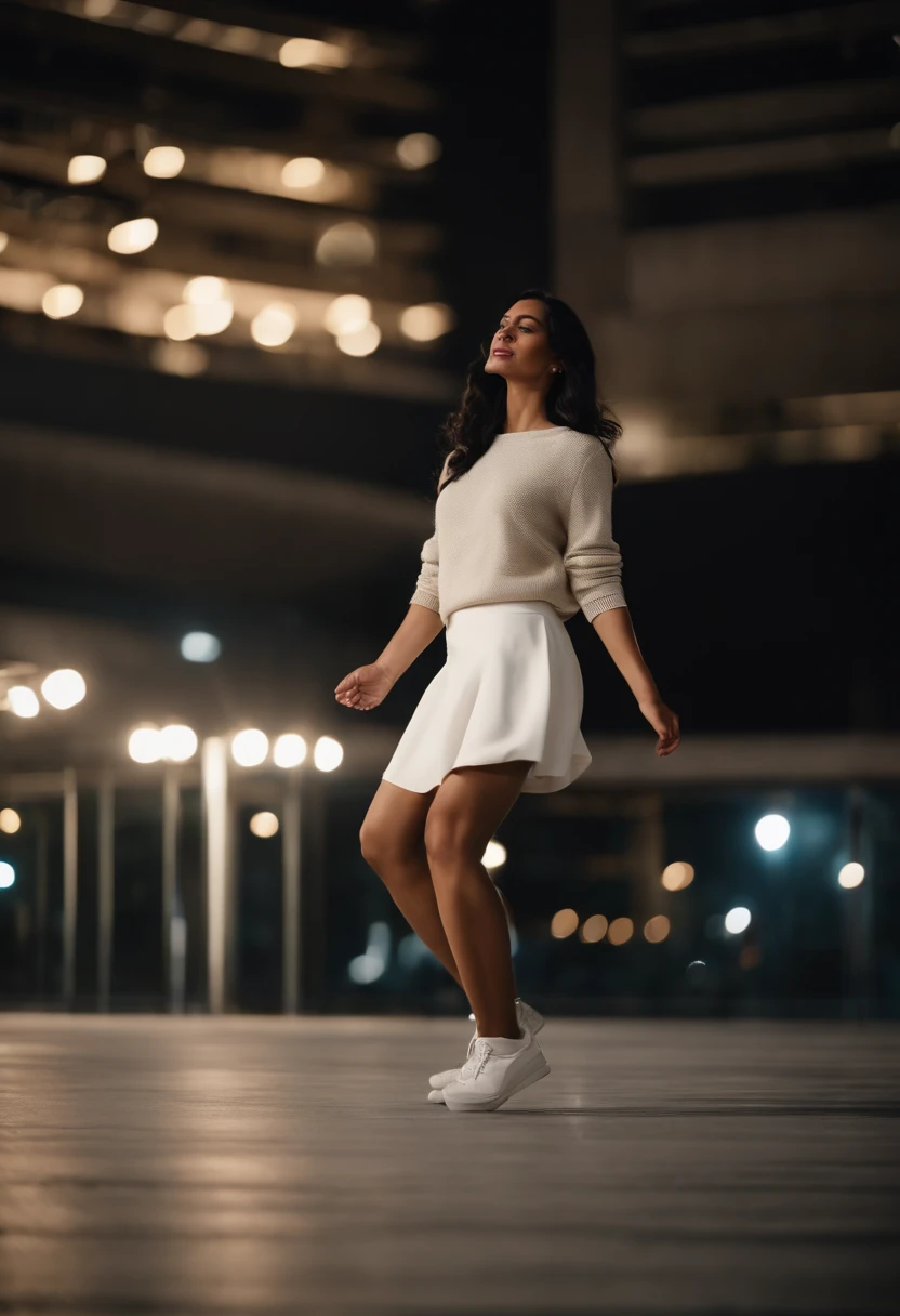 A young woman with black hair wearing a white collared sweater and a black skirt is dancing outdoors at night. The background shows a modern architectural setting with layered concrete platforms. The atmosphere appears to be urban and contemporary. The woman's movement suggests a dynamic dance step. feet are in the air.in the background and bright city lights.