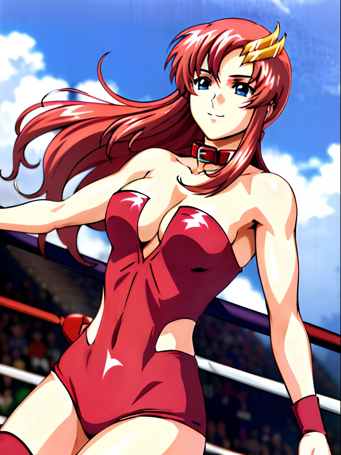 solo, (((red strapless wrestling outfit, collar, red boots))), (upper body view, closed mouth, happy, Best Quality, Anime style: 1.9, Adult Woman, (cloud background), Anime, lacus4), 1girl, Solo, 鎖骨, (very long hair, wide bangs, Hair Ornament, Detailed reddish-pink hair, golden crest), large hands, (blue eyes), ((little biceps, slender body, hourglass figure, broad shoulders, closed fists)), ((perfect proportions, medium breasts, cleavage, long belly)), (((mini red wrestling outfit))