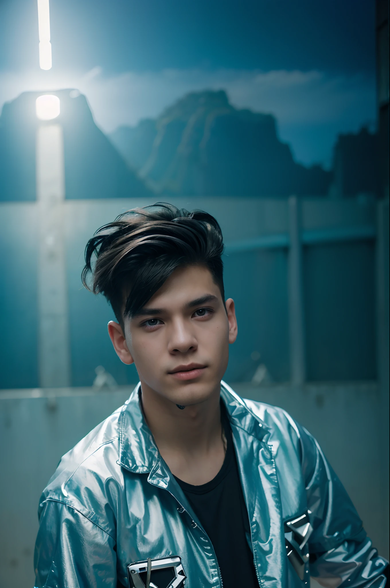 Full HD photography of David, age 19 years old, medium hair in pre-Christian costume Punk cyber Punk cheng background