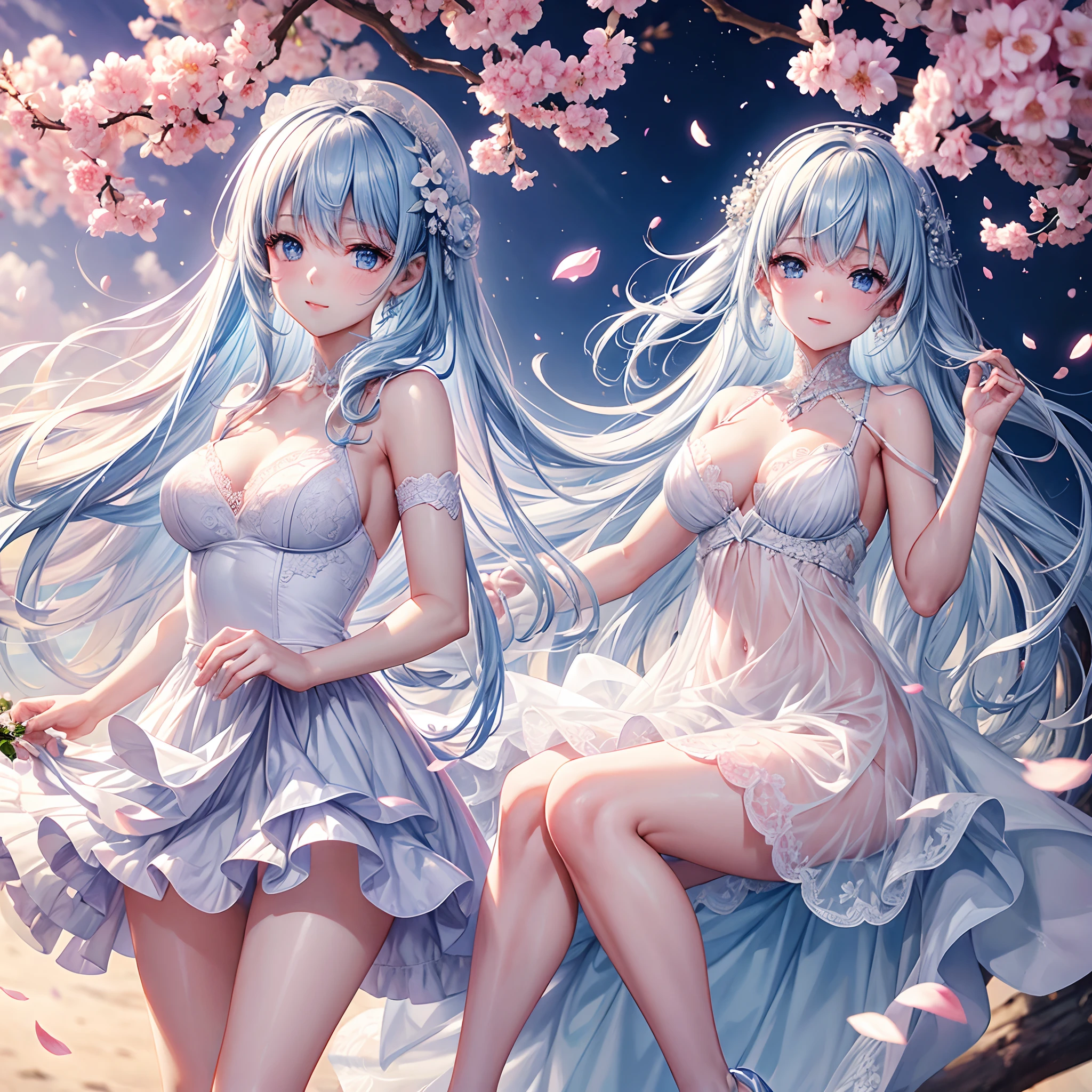cherry_blossoms, Falling_petals, petals, branch, Pink_flower, 1girll,20yr old, Blue_sky, Spring_\(season\), petals_On_Liquid, flower, hanami, dress, (Long straight blue hair:1.5), Wear a garland, sky,exteriors,clouds,By bangs,ssmile,Blue eyes,White wedding dress,white lace legwear,Diamond crystal heels,Lace gloves,exposed bare shoulders,diamonds earrings,Detail enhancement。Slim hands,perfect hand,Holding_flower,ventania,The tree,Looking_at_peeping at the viewer,best qualtiy,detail-rich,Bra suspenders,Golden ratio figure,Thin waist,Thin legs with hair fibers,Perfect image quality。